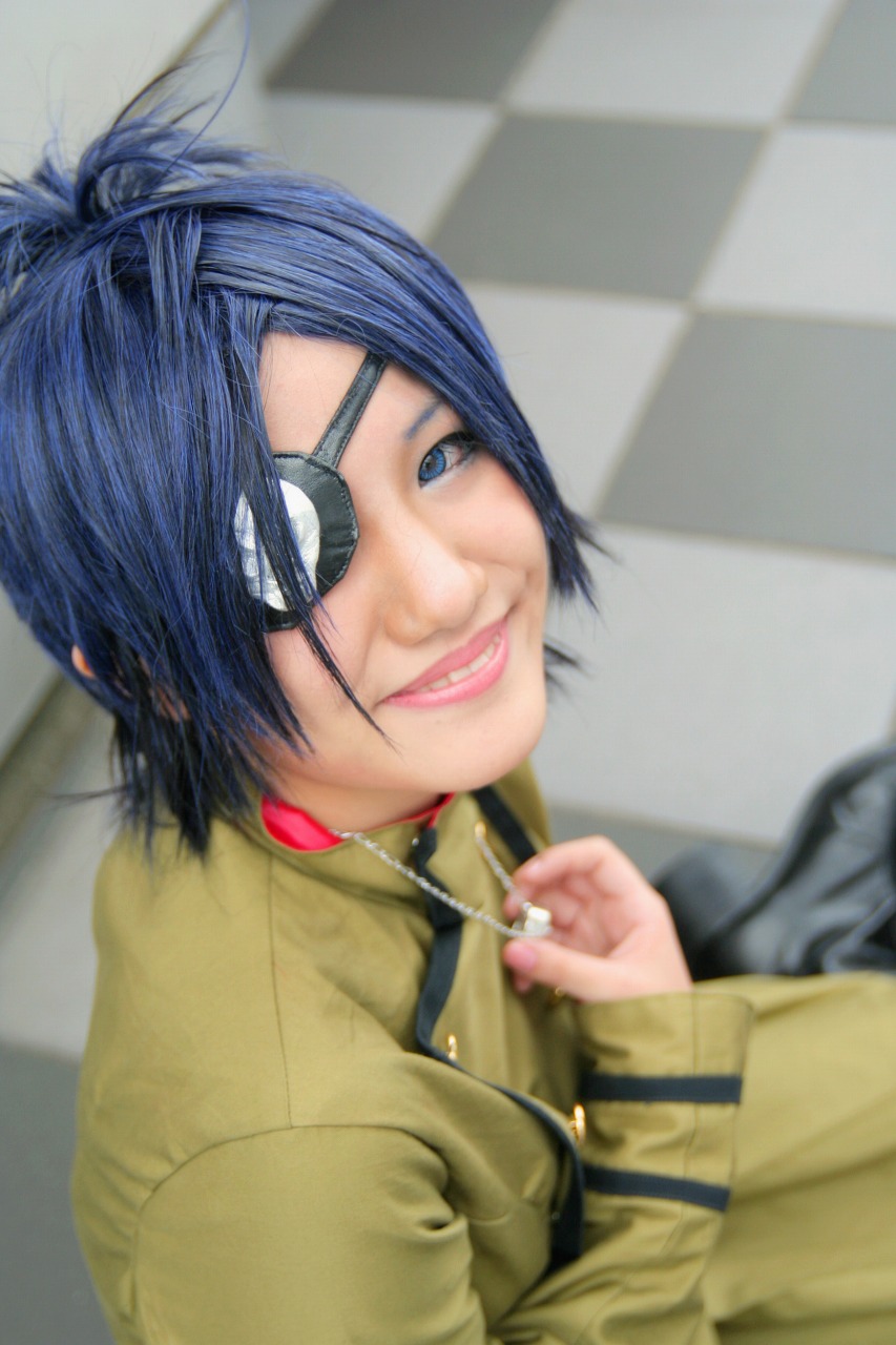 isumi (i-spixi), chrome dokuro, katekyo hitman reborn!, highres, photo (medium), 1girl, blue hair, boots, cosplay, eyepatch, female focus, pleated skirt, skirt, solo