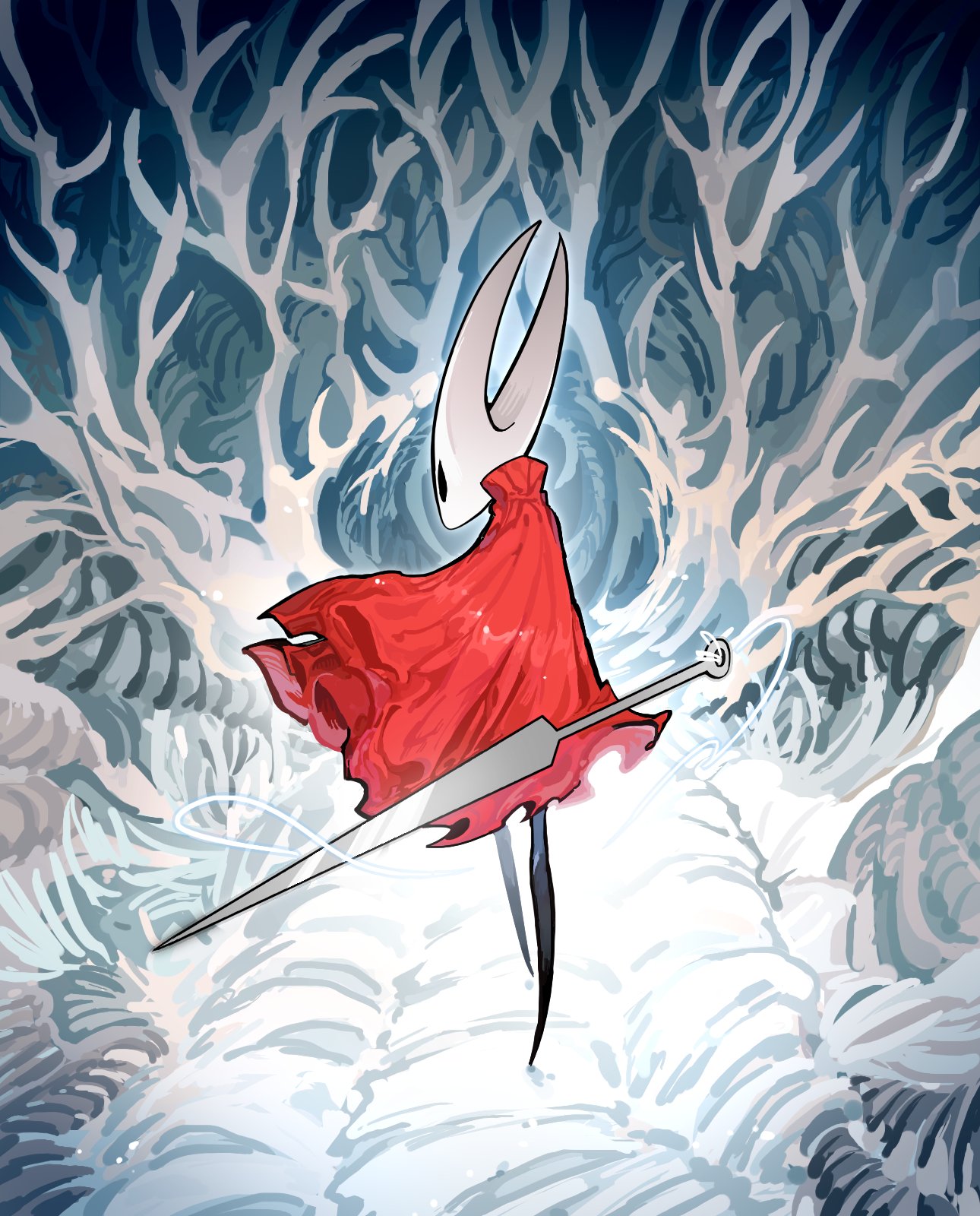 darkdog, hornet (hollow knight), hollow knight, highres, 1girl, black eyes, black skin, blank eyes, cloak, colored skin, horns, needle (hollow knight), red cloak, silk, solo, standing, weapon