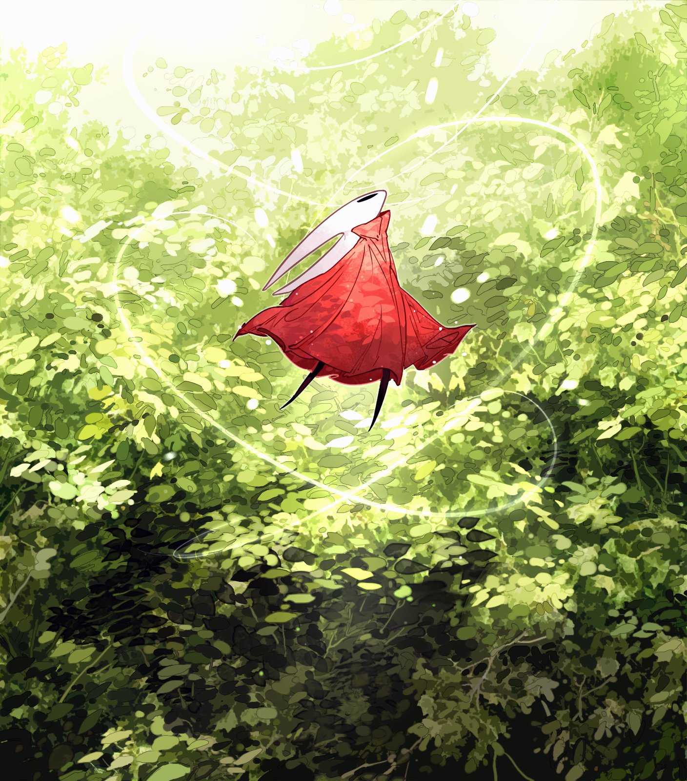darkdog, hornet (hollow knight), hollow knight, hollow knight: silksong, highres, 1girl, black eyes, blank eyes, bush, cloak, floating, horns, leaf, looking up, midair, red cloak, silk, solo