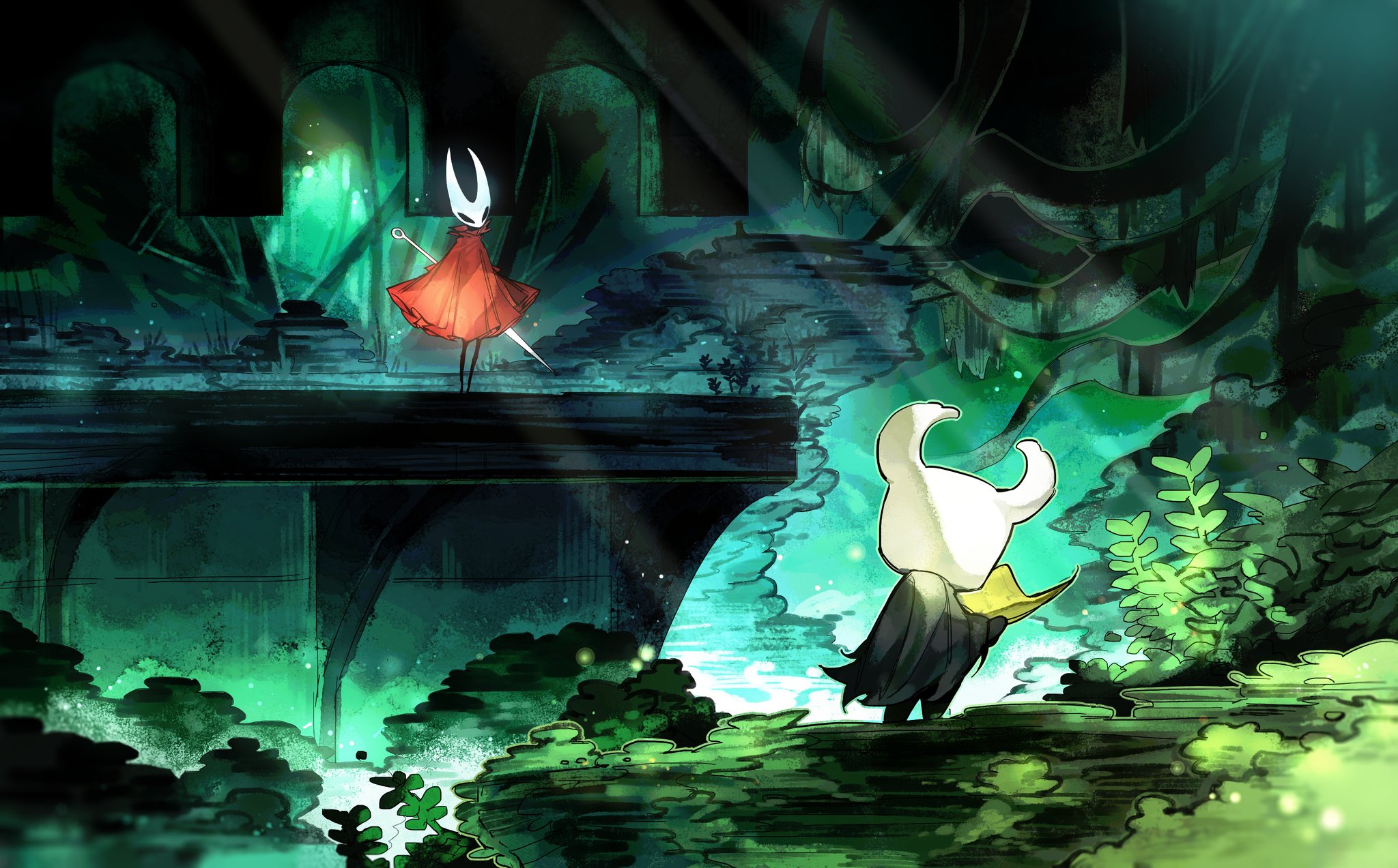 darkdog, hornet (hollow knight), knight (hollow knight), hollow knight, highres, 1girl, 1other, black eyes, blank eyes, cloak, grey cloak, holding, holding paper, horned mask, leaf, light rays, looking at another, mask, needle (hollow knight), paper, red cloak, ruins, weapon, white mask