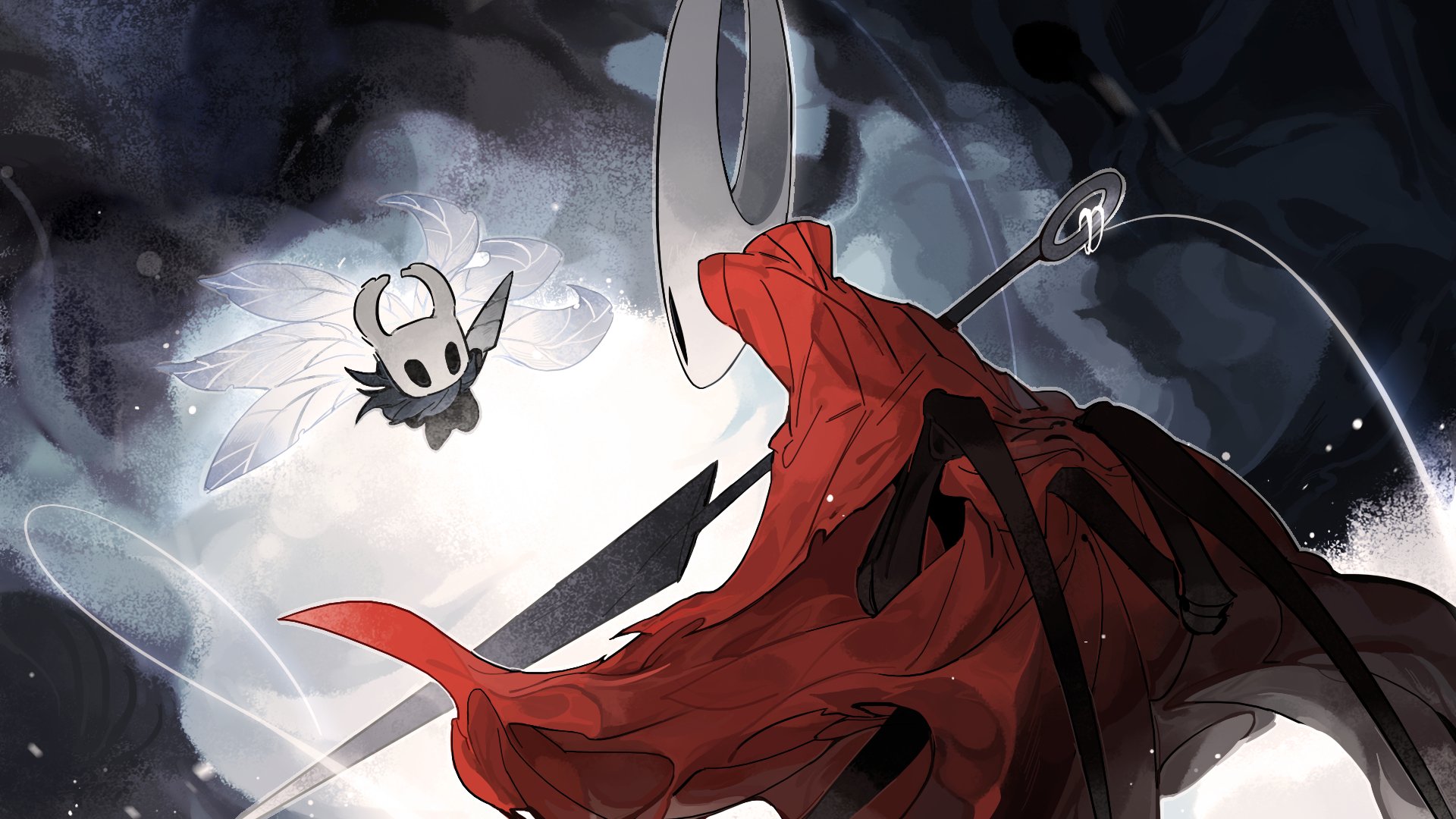 darkdog, hornet (hollow knight), knight (hollow knight), hollow knight, highres, 1girl, 1other, battle, black eyes, blank eyes, cloak, grey cloak, horned mask, insect wings, mask, nail (hollow knight), needle (hollow knight), red cloak, weapon, white mask, wings