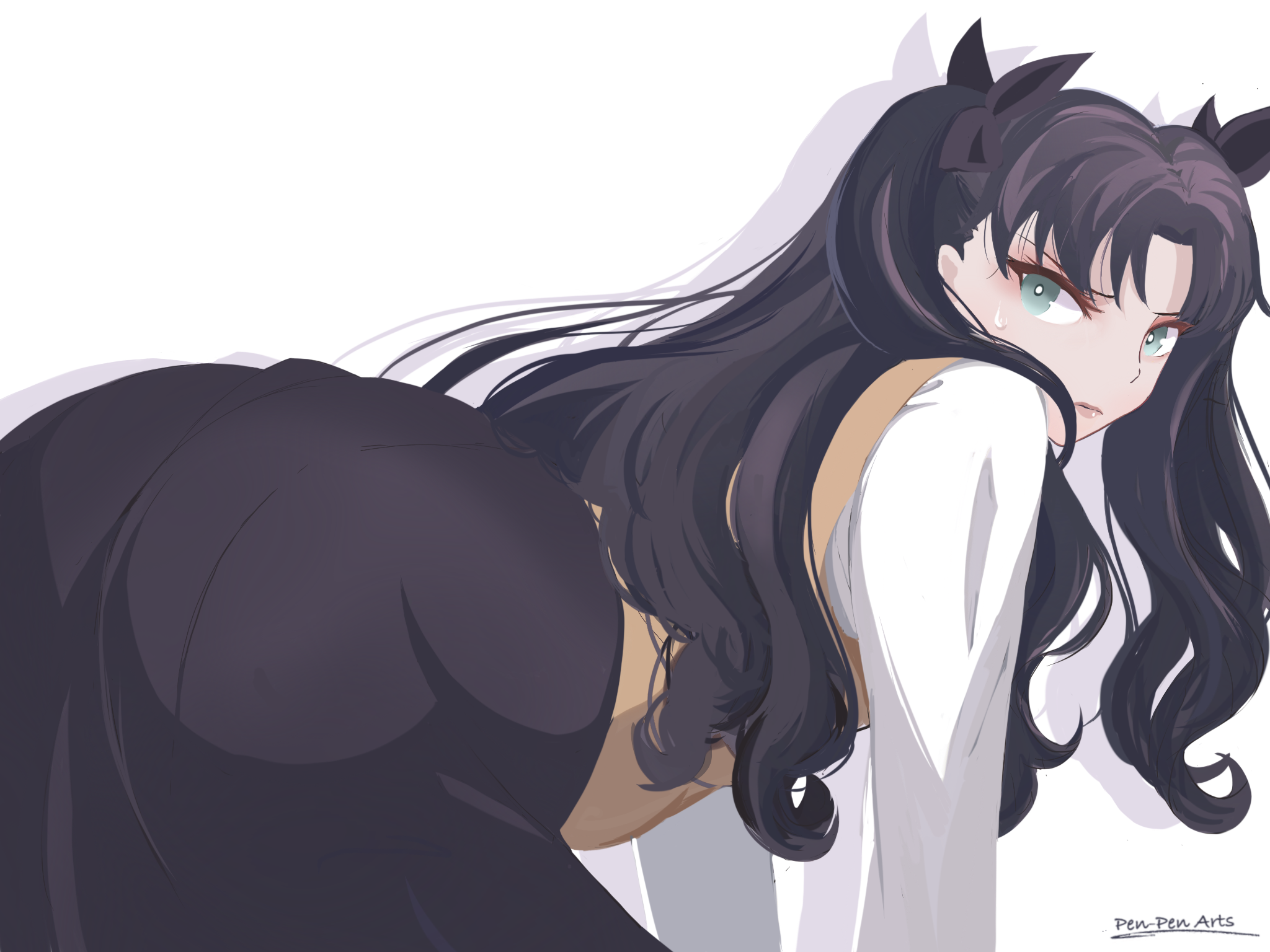pen-pen arts, tohsaka rin, fate/stay night, fate/unlimited blade works, fate (series), highres, 1girl, all fours, aqua eyes, ass, black hair, black skirt, closed mouth, hair ribbon, lips, long hair, looking at viewer, looking back, ribbon, scene reference, shirt, simple background, skirt, solo, sweatdrop, two side up, v-shaped eyebrows, very long hair, vest, white background, white shirt, yellow vest