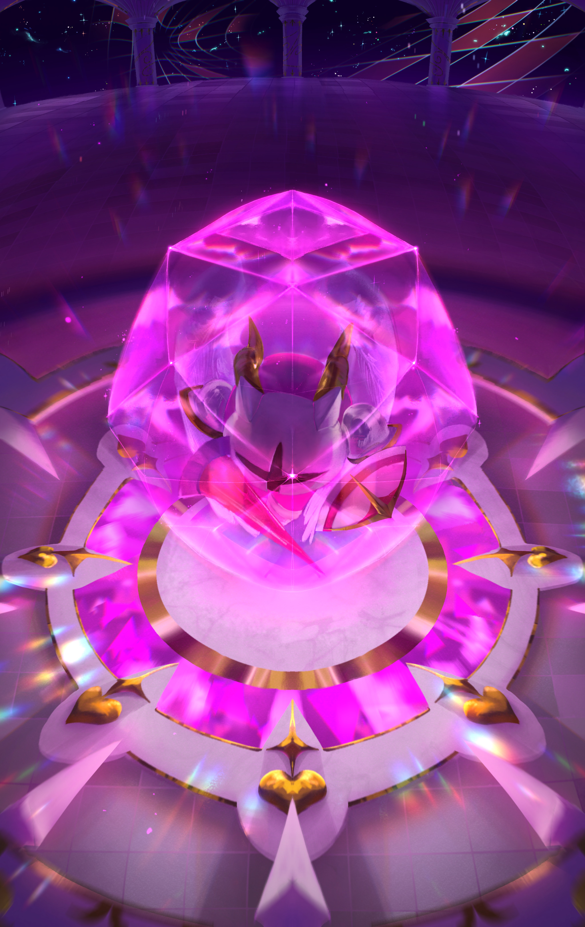 pasteldraqon, galacta knight, kirby (series), nintendo, absurdres, highres, armor, glowing, glowing eye, horns, mask, no humans, pauldrons, shield, shoulder armor, solo, sparkle, star (sky), wings