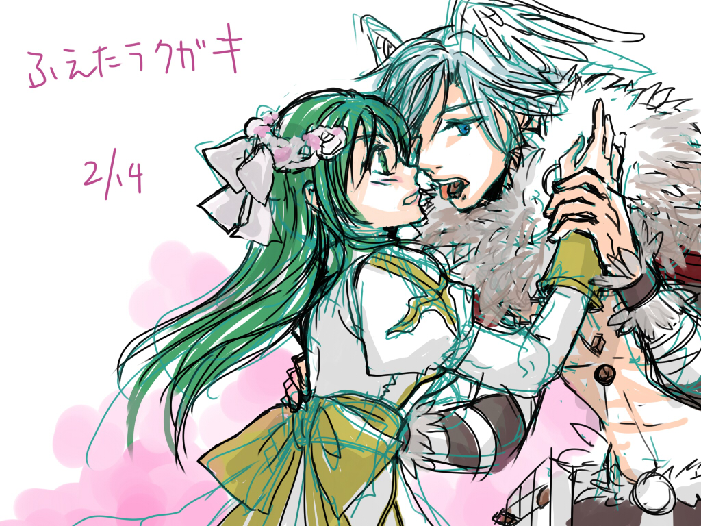high priest (ragnarok online), shadow chaser (ragnarok online), ragnarok online, commentary request, translation request, 1boy, 1girl, alternate color, back bow, blue eyes, blue hair, blush, bow, brown bow, chocolate, couple, dress, feathered wings, fur collar, green eyes, green hair, head wings, hetero, holding hands, juliet sleeves, long hair, long sleeves, looking at another, open mouth, puffy sleeves, shared food, short hair, sketch, upper body, valentine, white dress, white wings, wings, yotuha428