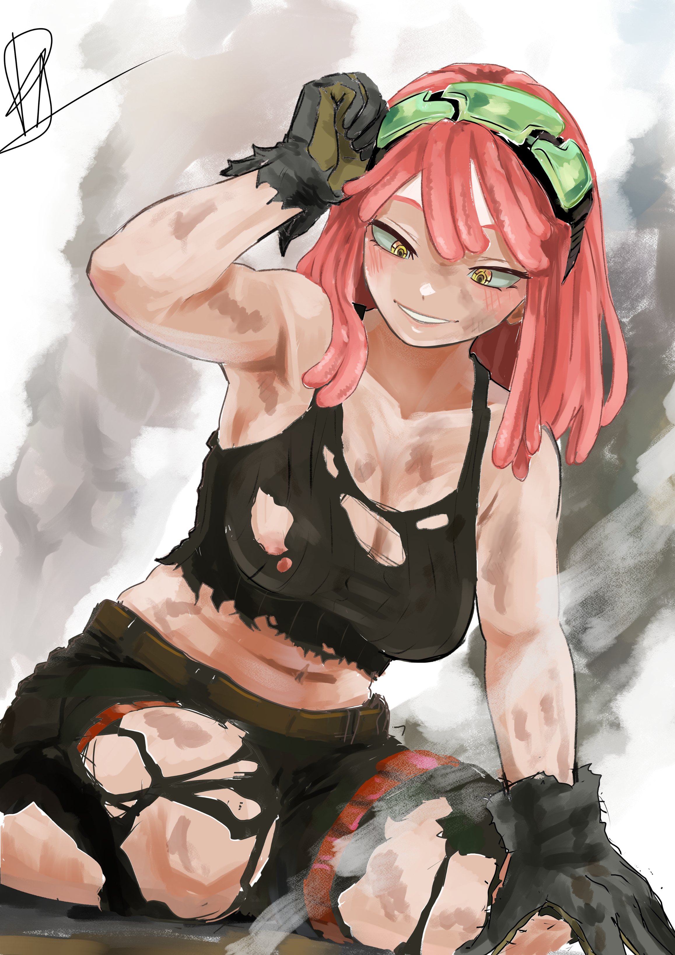 rantyarts, hatsume mei, boku no hero academia, absurdres, highres, 1girl, areola slip, belt, black gloves, black pants, black tank top, breasts, brown belt, cleavage, crosshair pupils, gloves, large breasts, long hair, navel, pants, pink hair, smoke, solo, tank top, torn clothes, torn pants, torn tank top, white background, yellow eyes