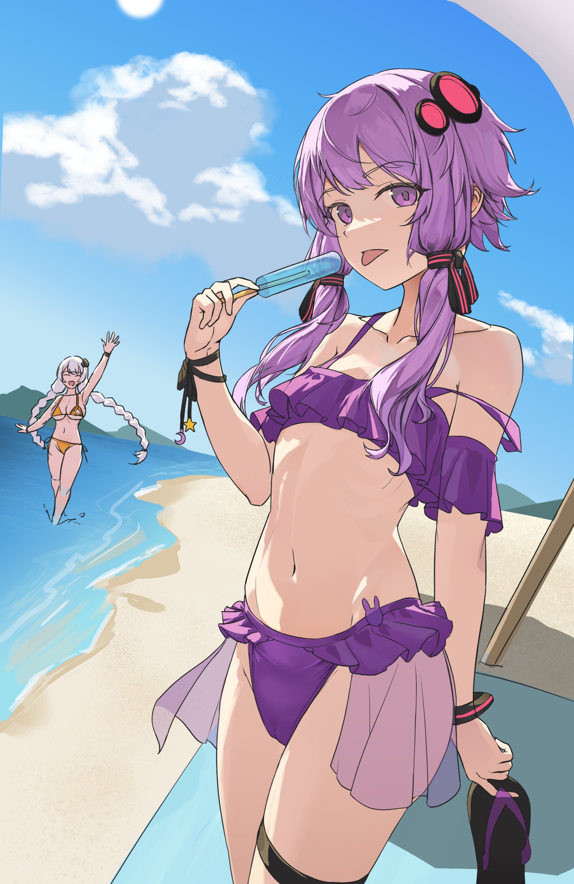 amely elden, kizuna akari, yuzuki yukari, vocaloid, voiceroid, absurdres, highres, 2girls, arm garter, bangle, bare shoulders, beach, beach umbrella, bikini, bow, bracelet, braid, breasts, cameltoe, closed mouth, cloud, collarbone, day, flat chest, food, frilled bikini, frills, groin, hair bow, hair ornament, holding, holding sandals, jewelry, large breasts, long hair, looking at viewer, mountainous horizon, multiple girls, navel, ocean, outdoors, pink bikini, popsicle, purple eyes, purple hair, ribbon, sand, sandals, sidelocks, solo focus, standing, sun, swimsuit, thigh strap, tongue, tongue out, twin braids, umbrella, water, waving, white hair, wrist ribbon, yellow bikini