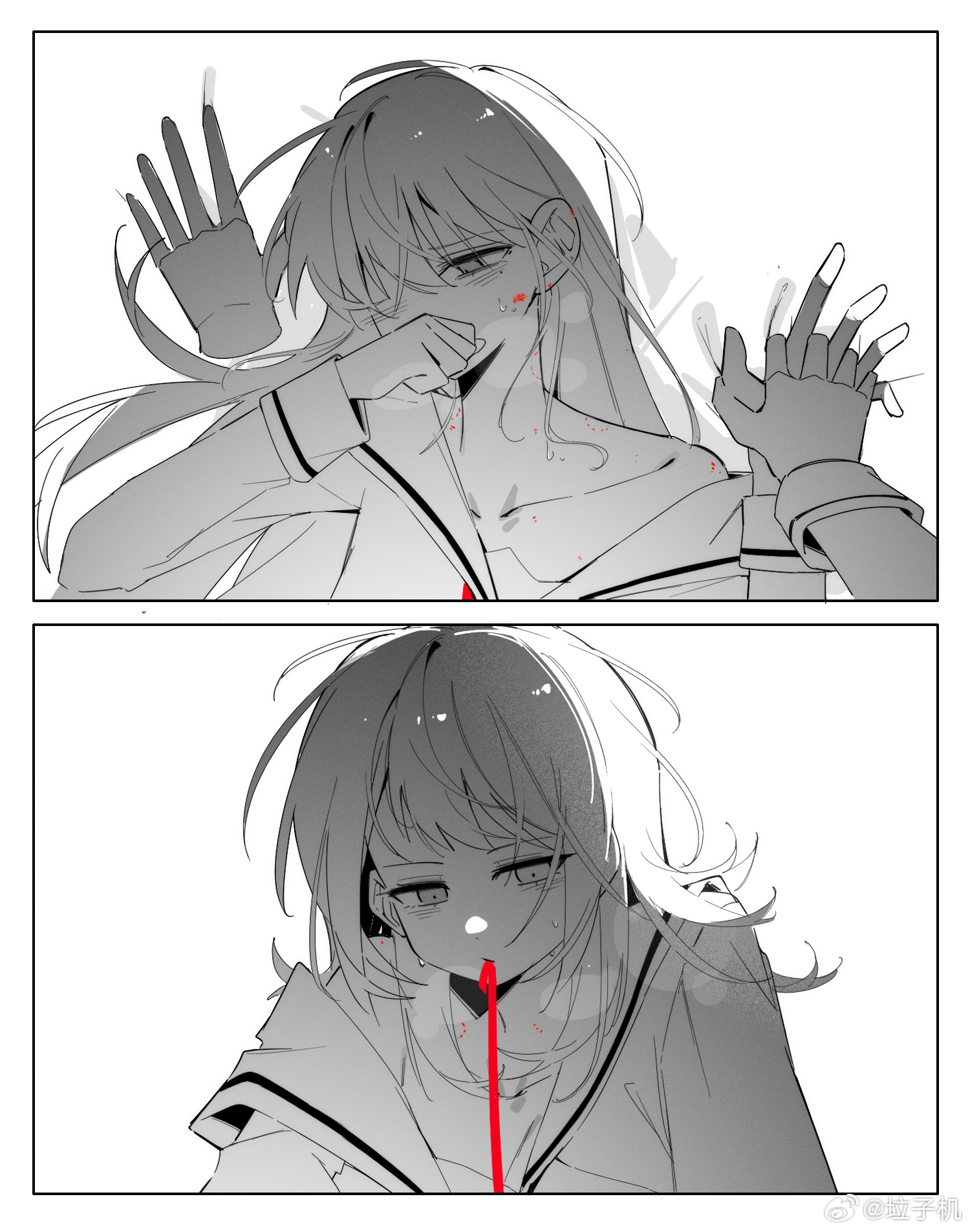 zikiki1092, shiina taki, yahata umiri, bang dream!, bang dream! it's mygo!!!!!, chinese commentary, commentary request, highres, 2girls, bite mark, bite mark on neck, bite mark on shoulder, blush, collarbone, greyscale, hanasakigawa school uniform, holding hands, interlocked fingers, long hair, monochrome, multiple girls, off shoulder, school uniform, spot color, tank top, yuri