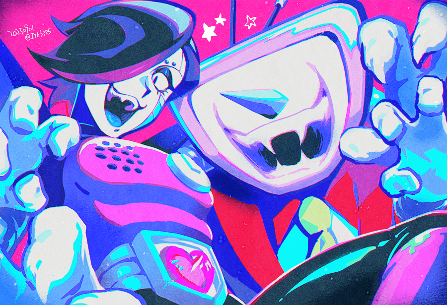 itsuki (nightlight), ant tenna, mettaton, mettaton ex, deltarune, utdr (toby fox), 2boys, black eyes, black eyeshadow, black hair, black pants, boots, claw pose, crt, dated, eyeshadow, fangs, gloves, humanoid robot, makeup, male focus, mechanical arms, multiple boys, object head, pants, pink boots, pointy nose, robot, short hair, smile, twitter username, white gloves