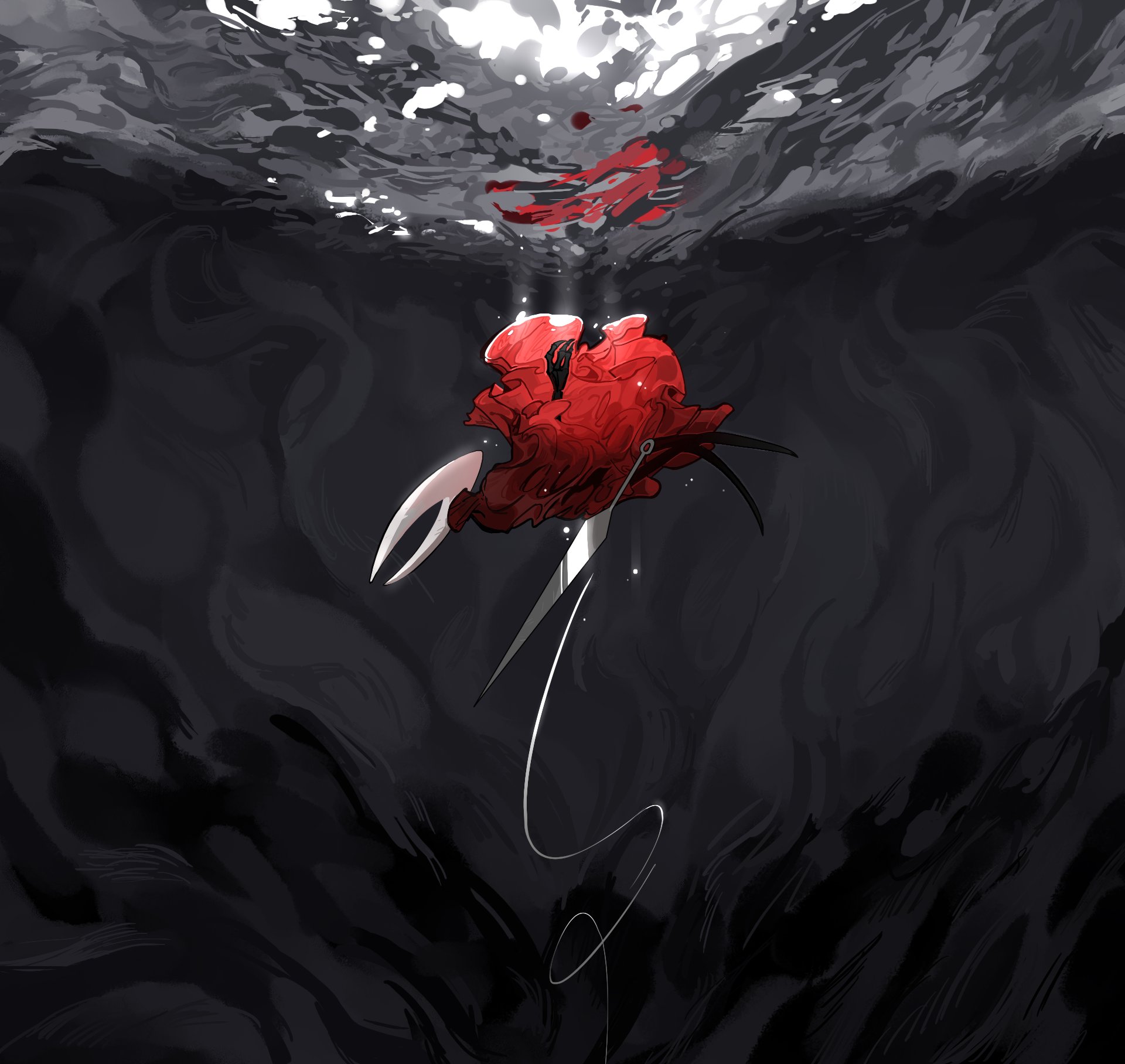 darkdog, hornet (hollow knight), hollow knight, highres, 1girl, black skin, cloak, colored skin, horns, needle (hollow knight), red cloak, silk, solo, underwater, weapon