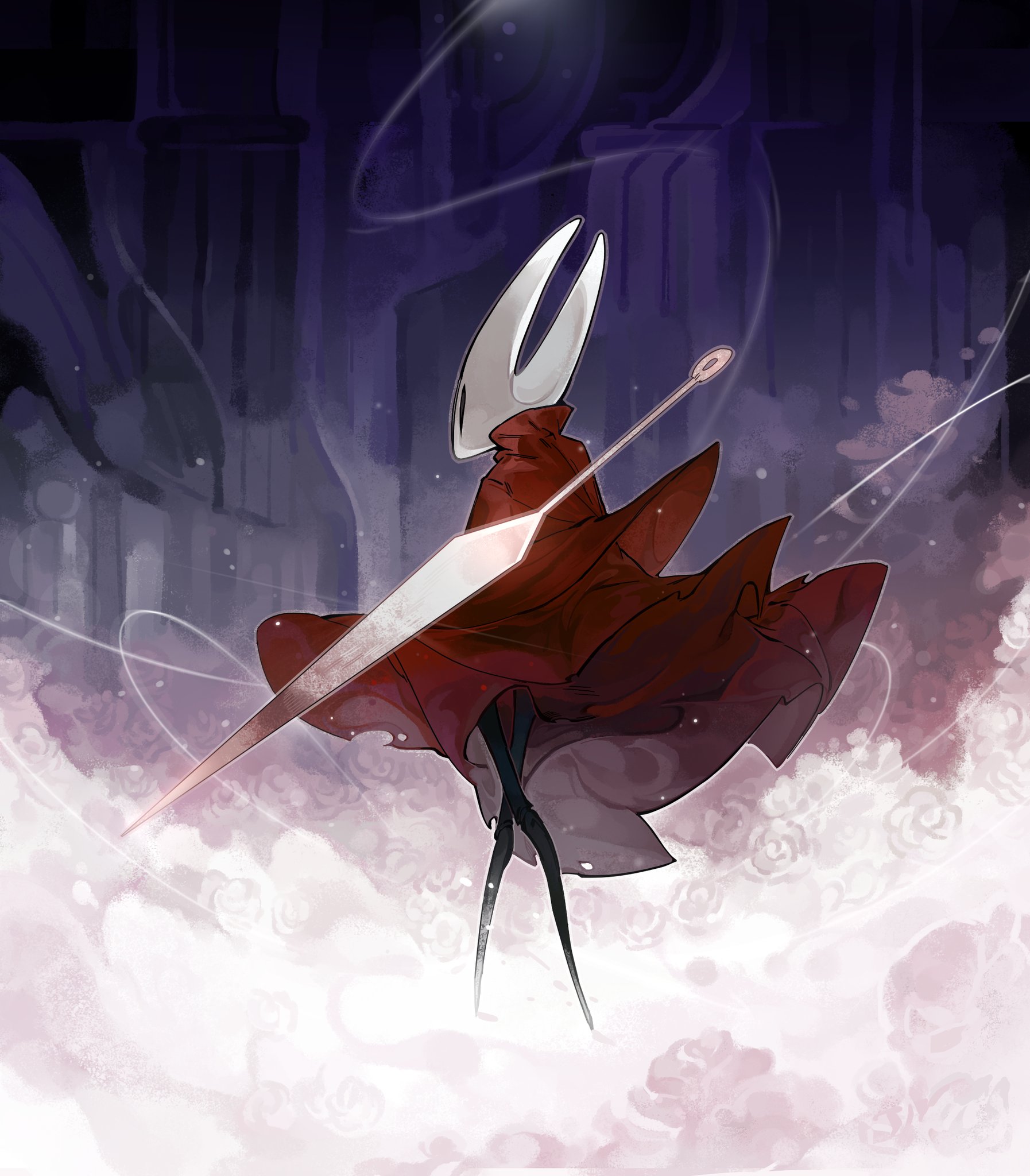 darkdog, hornet (hollow knight), hollow knight, hollow knight: silksong, highres, 1girl, black eyes, black skin, cloak, colored skin, horns, needle (hollow knight), red cloak, solo, standing, weapon