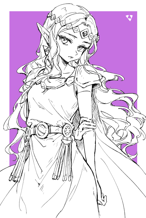 rain rkgk, princess zelda, nintendo, the legend of zelda, the legend of zelda: a link to the past, the legend of zelda: ocarina of time, 1girl, arm behind back, armor, belt, bridal gauntlets, circlet, cowboy shot, dress, earrings, jewelry, lips, long hair, looking at viewer, monochrome, pointy ears, shoulder armor, sleeveless, sleeveless dress, solo, tassel, triforce, wavy hair