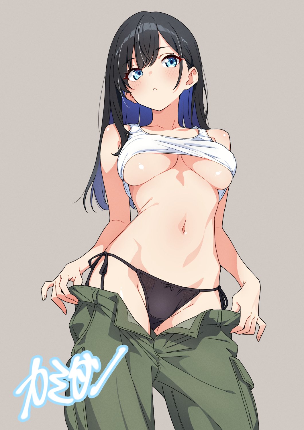kamidan, takarada rikka, gridman universe, ssss.gridman, character request, check character, check copyright, commentary request, copyright request, highres, translation request, 1girl, bare arms, black hair, black panties, blue eyes, blue hair, blush, breasts, clothes lift, clothes pull, collarbone, colored inner hair, cowboy shot, from below, green pants, grey background, groin, hair between eyes, large breasts, long hair, looking at viewer, multicolored hair, navel, open fly, panties, pants, pants pull, parted lips, pulling own clothes, shiny skin, shirt lift, side-tie panties, sidelocks, simple background, solo, standing, stomach, straight hair, string panties, tank top, underboob, underwear, undressing, white tank top