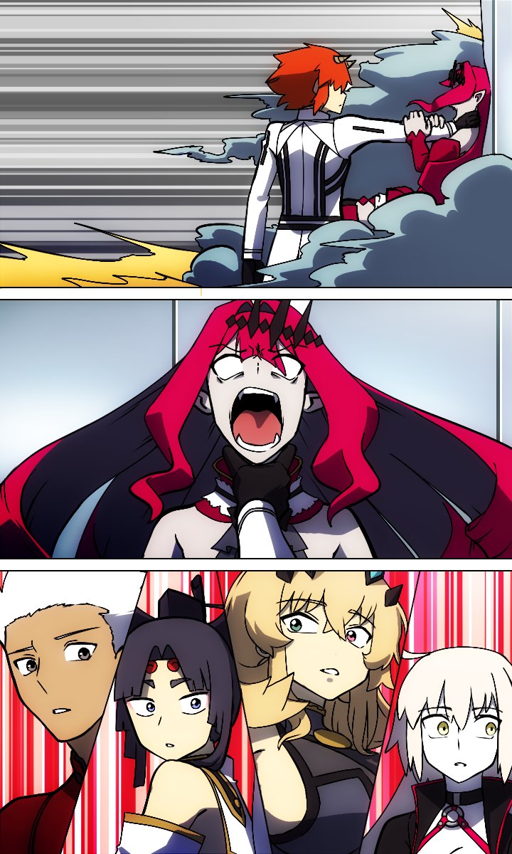 lazyartlazy12, archer (fate), baobhan sith (fate), baobhan sith (first ascension) (fate), barghest (fate), barghest (second ascension) (fate), fujimaru ritsuka (female), fujimaru ritsuka (female) (decisive battle chaldea uniform), jeanne d'arc alter (fate), jeanne d'arc alter (swimsuit berserker) (fate), ushiwakamaru (fate), fate/grand order, fate (series), commission, highres, 1boy, 5girls, black gloves, blonde hair, breasts, detached sleeves, drill hair, fangs, gloves, grey eyes, large breasts, long hair, multiple girls, open mouth, orange hair, red hair, slam, strangling, white hair