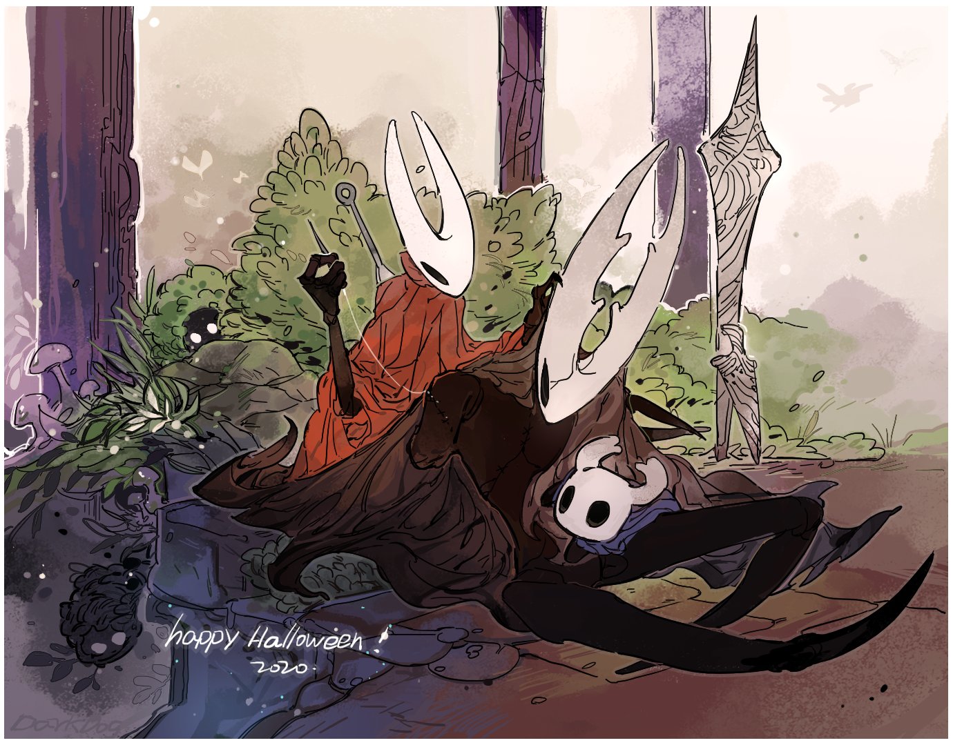 darkdog, hollow knight (character), hornet (hollow knight), knight (hollow knight), hollow knight, 1girl, 2020, 2others, black eyes, black skin, blank eyes, blue cloak, bush, cloak, colored skin, grey cloak, happy halloween, horned mask, horns, mask, multiple others, nail (hollow knight), needle (hollow knight), red cloak, siblings, weapon, white mask