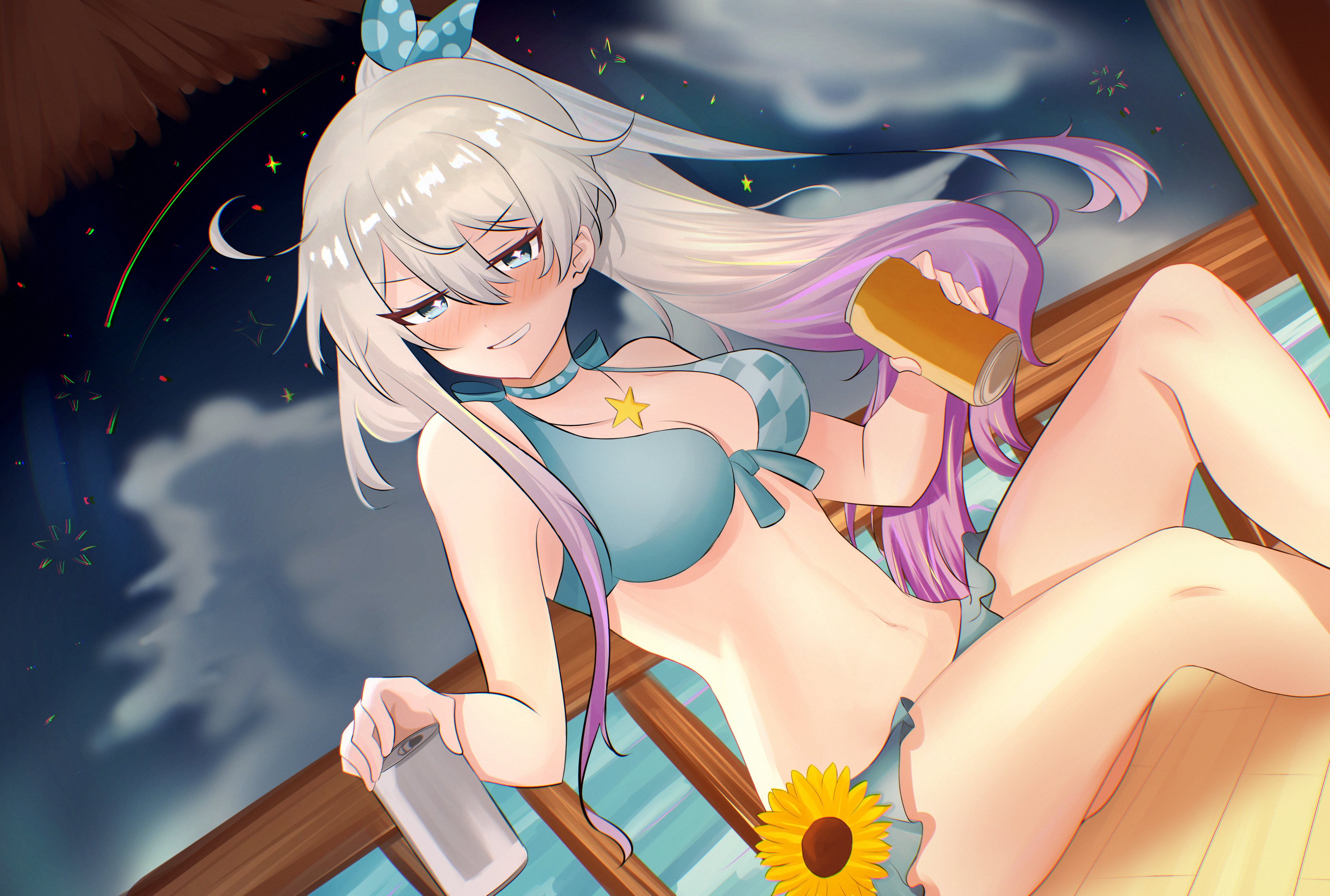 kiana kaslana, kiana kaslana (herrscher of finality), kiana kaslana (sunny beach), honkai (series), honkai impact 3rd, absurdres, commentary, english commentary, highres, 1girl, ahoge, bikini, blue bikini, blue eyes, can, drink can, grin, holding, holding can, long hair, multicolored hair, navel, night, night sky, ponytail, purple hair, sitting, sky, smile, solo, stomach, swimsuit, two-tone hair, very long hair, wariza, white hair, yue kanade