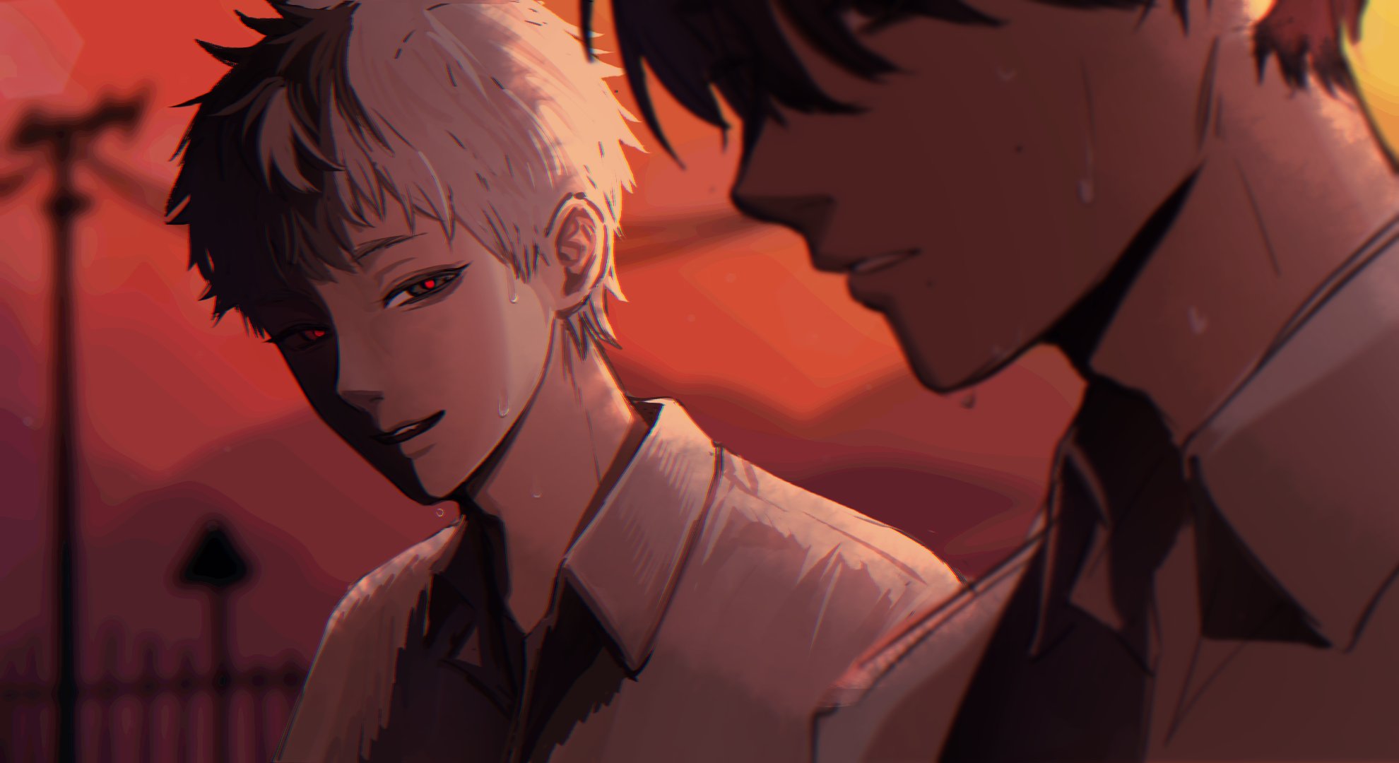 katsu draw, indou hikaru, tsujinaka yoshiki, hikaru ga shinda natsu, hashtag-only commentary, highres, 2boys, black hair, closed mouth, collared shirt, evening, fence, looking at another, male focus, mole, mole on cheek, mole under mouth, mountainous horizon, multiple boys, multiple moles, power lines, red pupils, shirt, short hair, sweat, teeth, upper body, upper teeth only, utility pole, white hair, white shirt