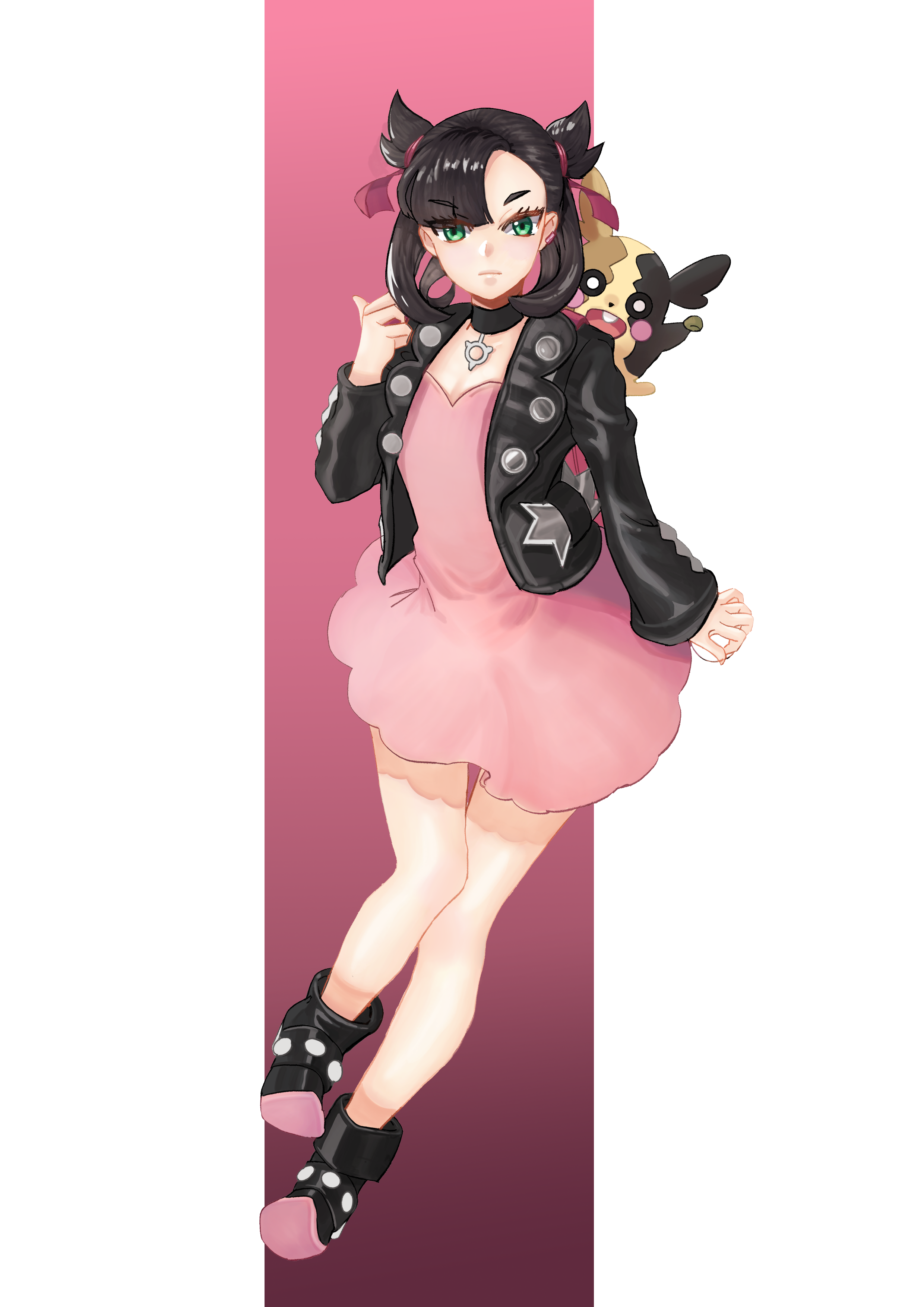pong 0012, marnie (pokemon), morpeko, morpeko (full), nintendo, pokemon, pokemon swsh, absurdres, highres, 1girl, asymmetrical bangs, asymmetrical hair, black boots, black choker, black hair, black jacket, boots, choker, closed mouth, dress, full body, gen 8 pokemon, green eyes, hair ribbon, hand up, holding, holding poke ball, jacket, looking at viewer, on shoulder, pink dress, poke ball, poke ball (basic), pokemon (creature), pokemon on shoulder, red ribbon, ribbon, simple background, solo, standing, twintails, undercut