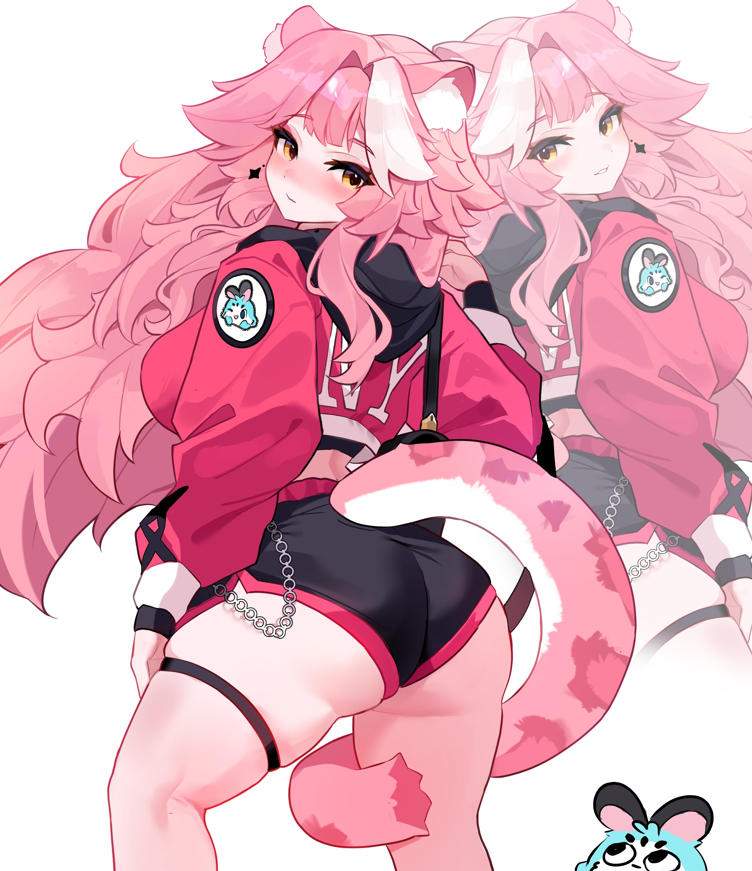 clulless, chattino (raora panthera), raora panthera, hololive, hololive english, absurdres, commentary, english commentary, highres, 1girl, alternate costume, animal ear fluff, animal ears, ass, black shorts, blush, closed mouth, jacket, long hair, micro shorts, nose blush, panther ears, panther girl, panther tail, pink hair, pink jacket, shorts, simple background, tail, thigh strap, white background, white streaks