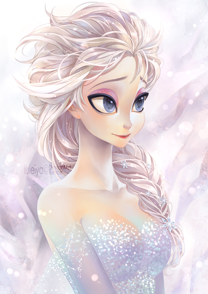 luluko (starryluluko), elsa (frozen), frozen (disney), 1girl, blonde hair, blue dress, blue eyes, braid, braided ponytail, closed mouth, dress, hair ornament, hair over shoulder, long hair, looking at viewer, smile, snowflake hair ornament, solo, white background