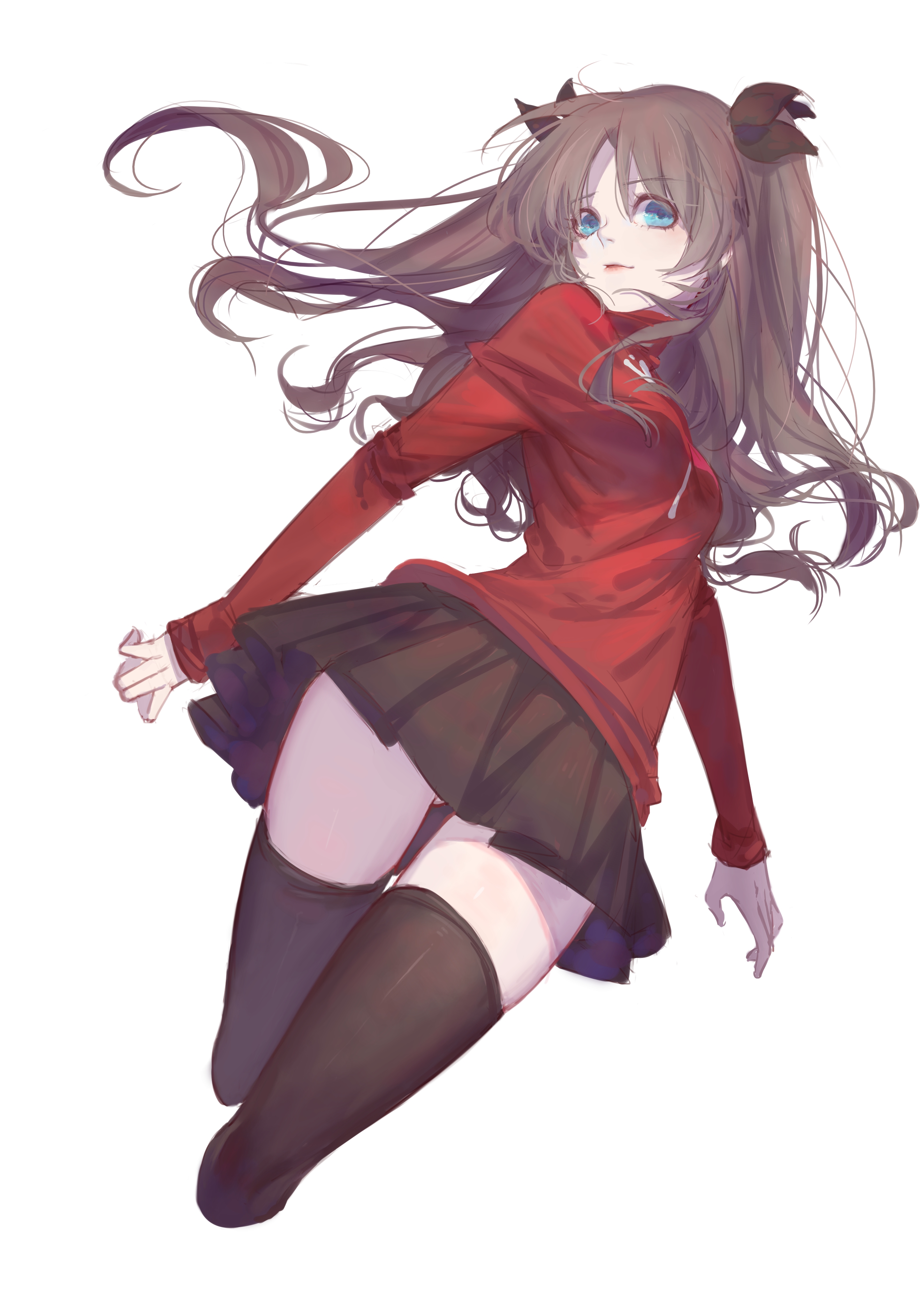 fukaiji, tohsaka rin, fate/stay night, fate (series), absurdres, highres, 1girl, black skirt, black thighhighs, blue eyes, breasts, brown hair, closed mouth, cropped legs, floating hair, gluteal fold, hair ribbon, lips, long hair, long sleeves, looking at viewer, miniskirt, red shirt, ribbon, shirt, simple background, skirt, small breasts, solo, thighhighs, thighs, turtleneck, two side up, very long hair, zettai ryouiki