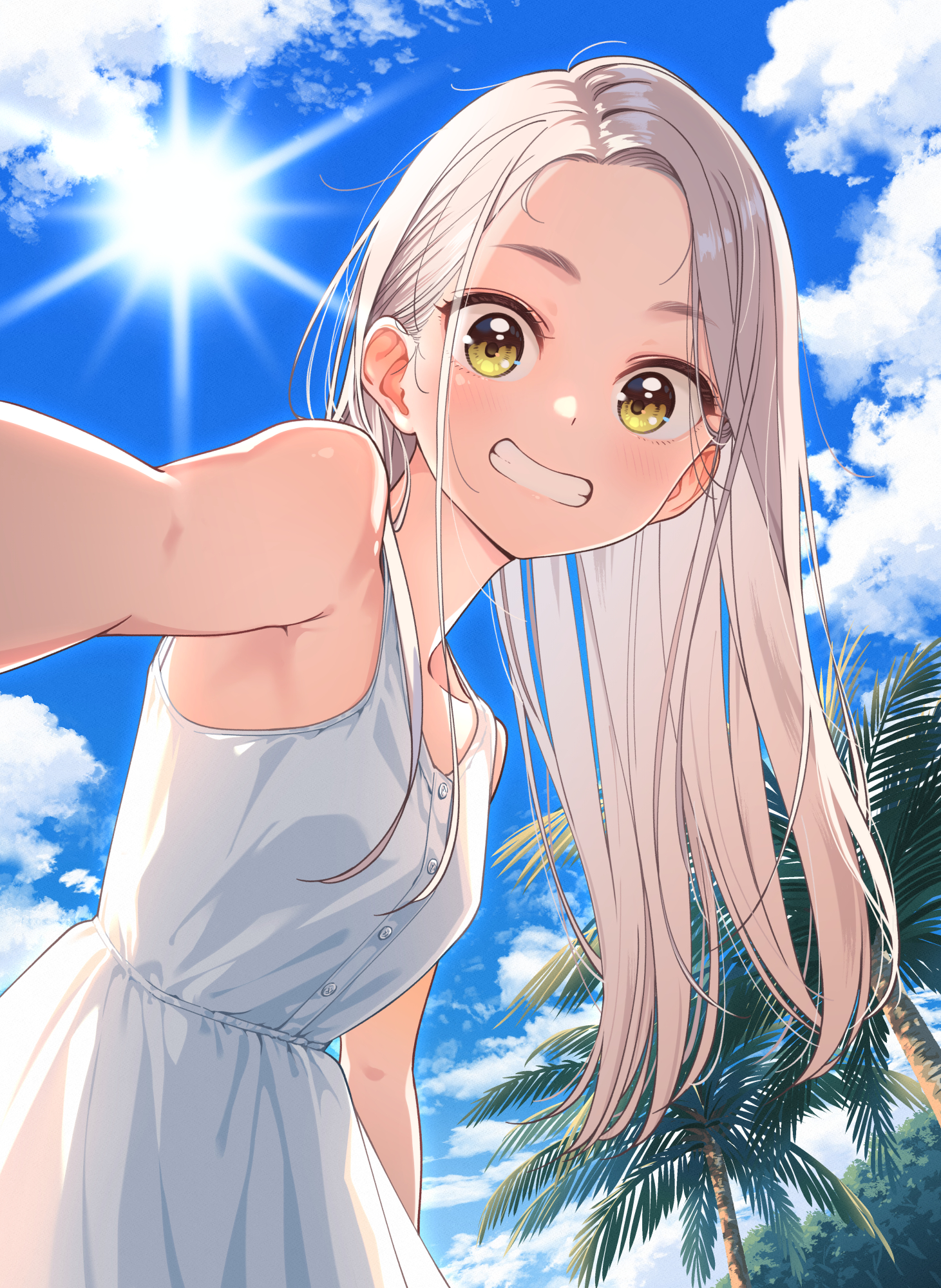 tokunou shoutarou, kotomori anon, idol x idol story!, highres, official art, 1girl, cloud, cover, cover image, cover page, dress, long hair, palm tree, selfie, smile, sun, sundress, tree, white dress, yellow eyes