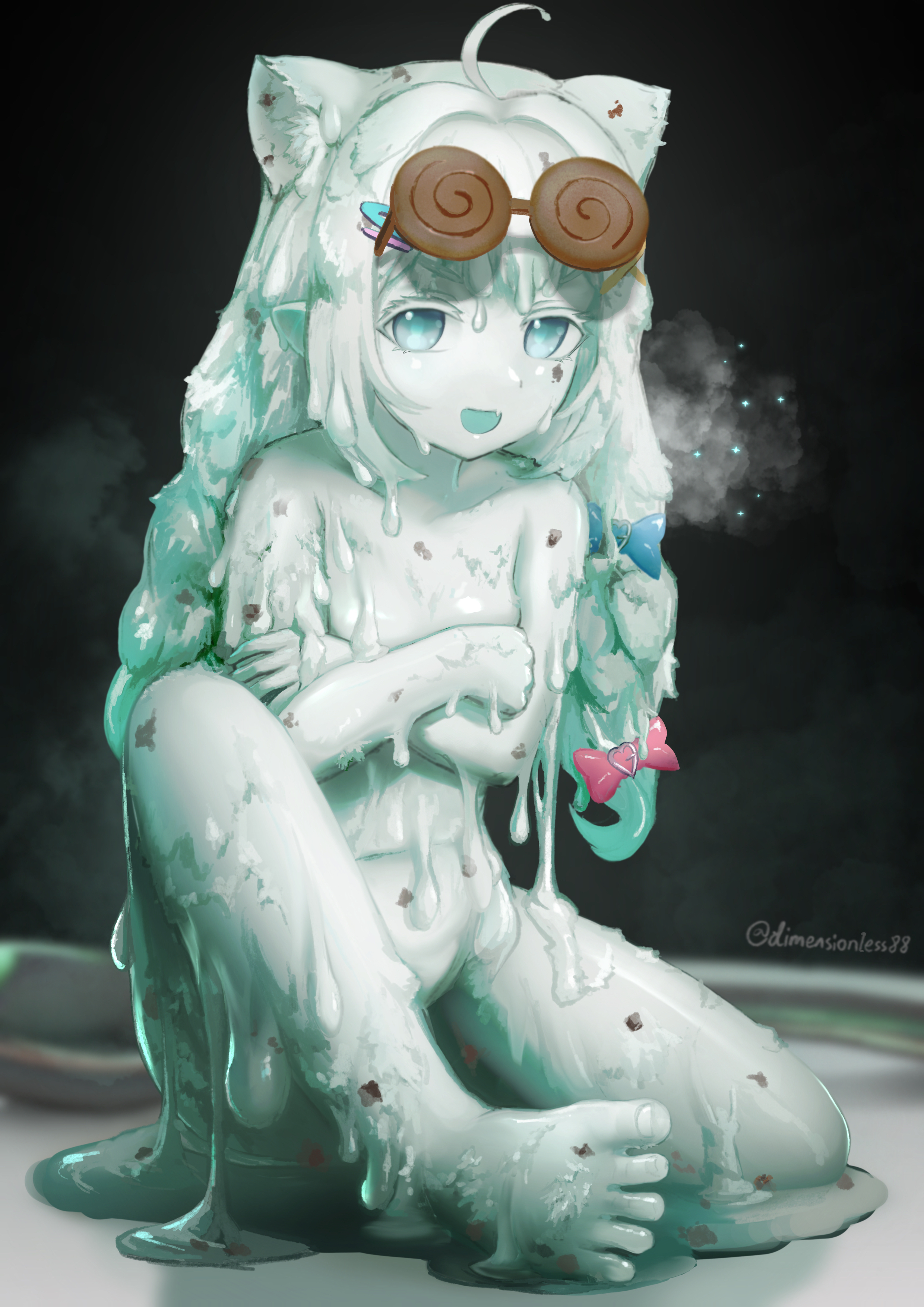 dimensionless88, mint fantome, mint fantome (otaku), indie virtual youtuber, absurdres, highres, 1girl, animal ears, bow, breasts, cat ears, chocolate, eyewear on head, feet, food, foodification, hair bow, hair ornament, hairclip, ice cream, looking at viewer, mint chocolate, monster girl, open mouth, pointy ears, slime girl, small breasts, solo, toes, twitter username, virtual youtuber