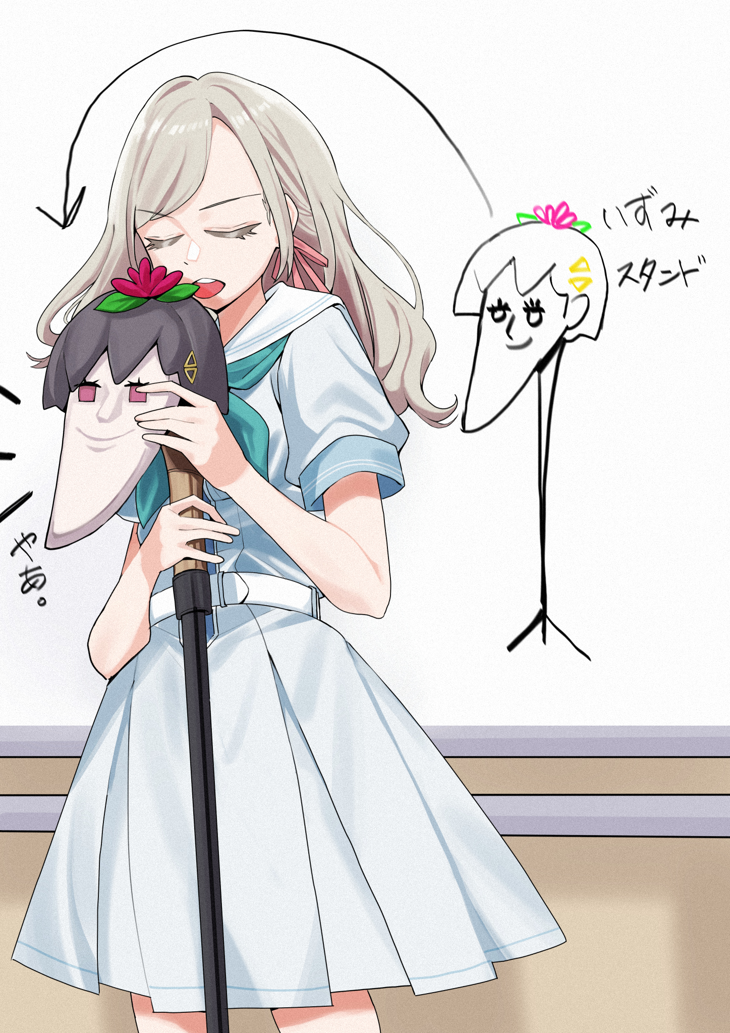 goldluck, ceras yanagida lilienfeld, katsuragi izumi, link! like! love live!, love live!, commentary request, highres, translation request, 1girl, arrow (symbol), closed eyes, colored eyelashes, cowboy shot, dress, grey hair, hair ornament, hair ribbon, hasu no sora school uniform, holding, holding microphone stand, long hair, medium dress, microphone stand, objectification, open mouth, pink ribbon, pleated dress, ribbon, sailor collar, sailor dress, school uniform, solo, standing, summer uniform, triangle hair ornament, virtual youtuber, white dress, white sailor collar, whiteboard