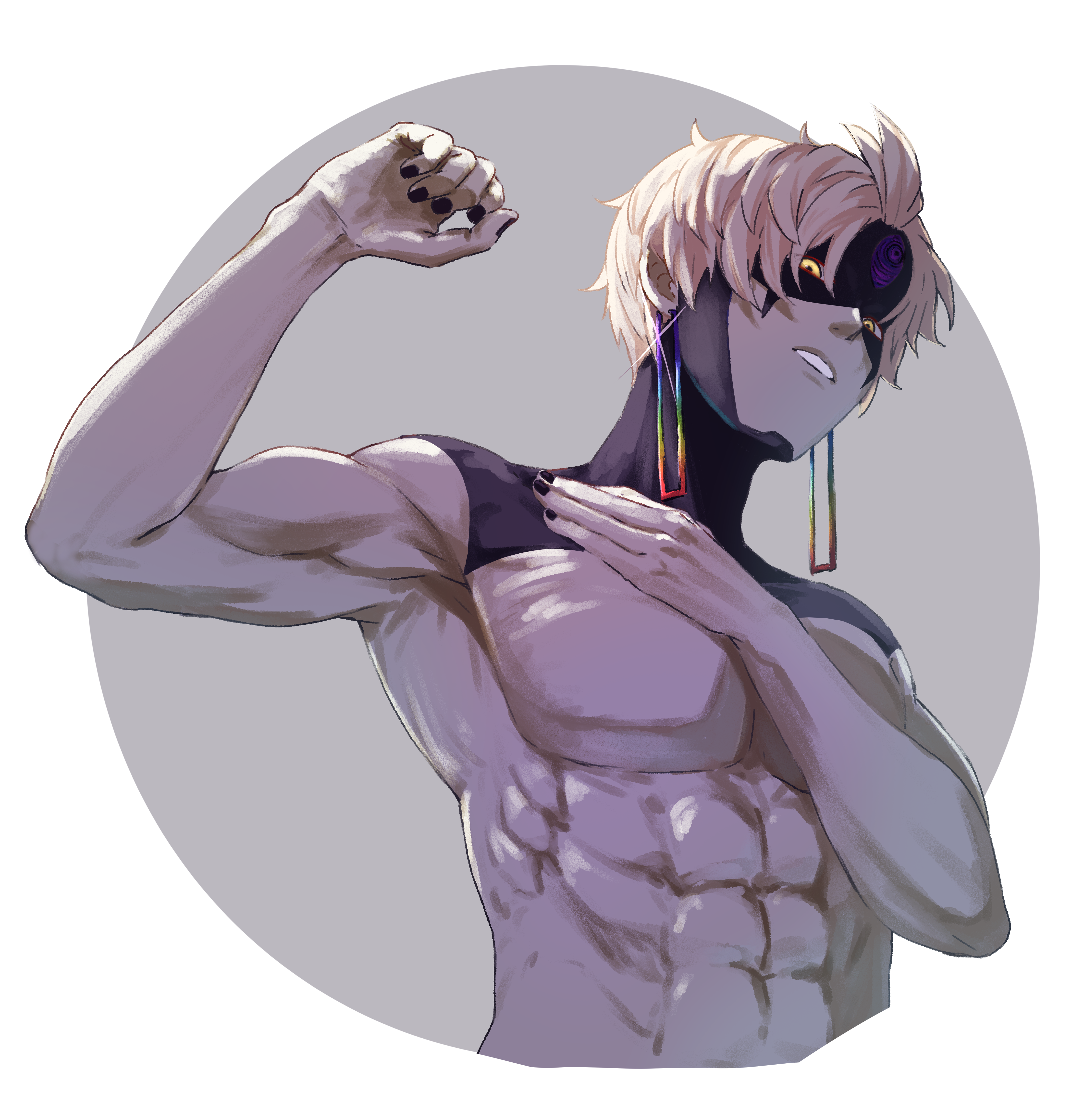 m.tokotsu, enjoji jin, evil eye (dandadan), dandadan, absurdres, commentary request, highres, 1boy, abs, alternate form, armpits, black nails, earrings, jewelry, male focus, muscular, muscular male, short hair, solo, third eye, topless male, white hair, yellow eyes