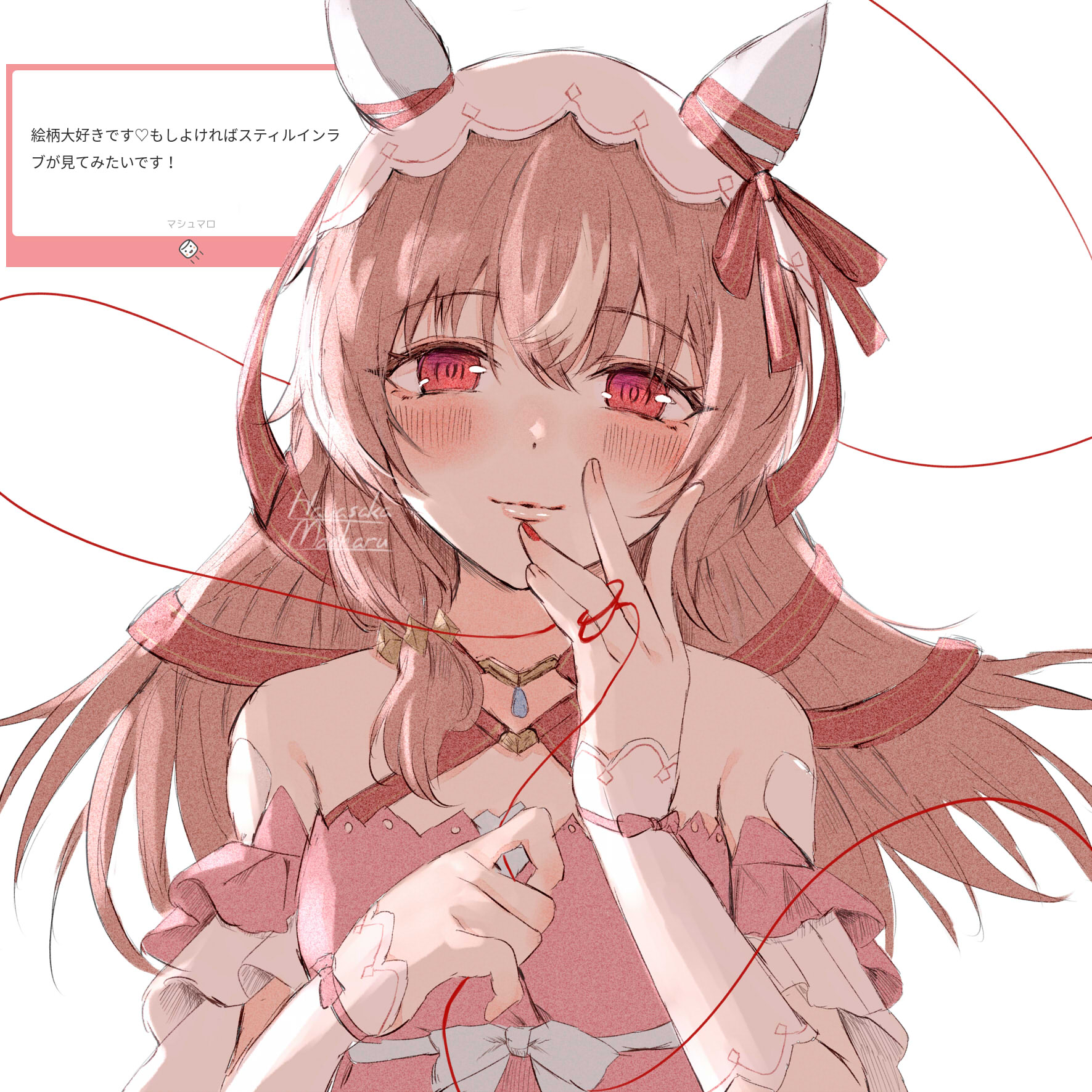 hanasaka (9769z), still in love (umamusume), umamusume, highres, 1girl, animal ears, bare shoulders, blush, breasts, brown hair, closed mouth, detached sleeves, dress, ear covers, hair between eyes, hair ornament, horse ears, horse girl, long hair, looking at viewer, pink dress, red eyes, red ribbon, ribbon, simple background, small breasts, smile, solo, string, string of fate, upper body, veil, white background, white veil