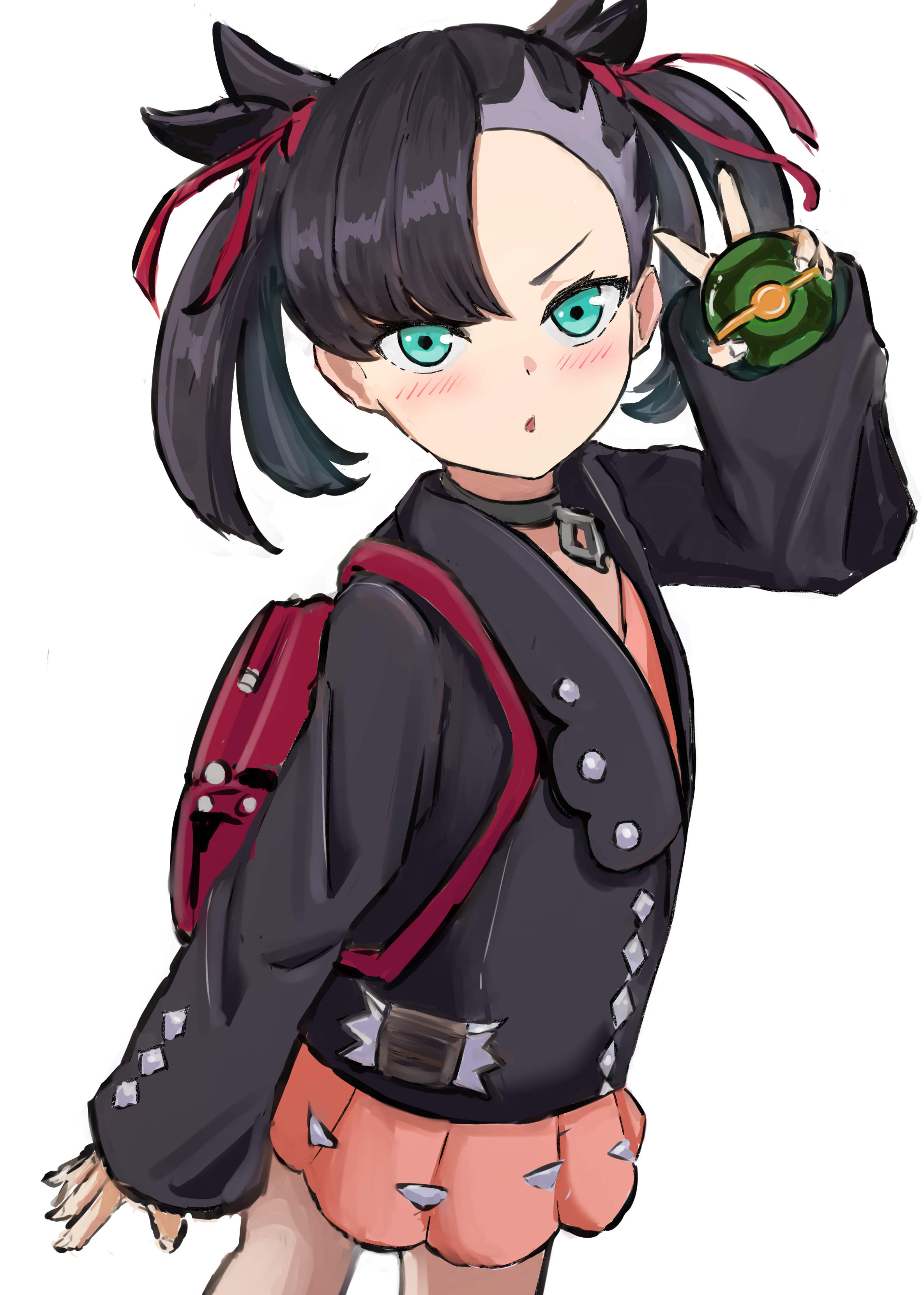 marnie (pokemon), nintendo, pokemon, pokemon swsh, absurdres, highres, 1girl, :o, asymmetrical bangs, backpack, bag, black choker, black hair, black jacket, choker, dress, dusk ball, green eyes, hair ribbon, hand up, holding, holding poke ball, jacket, looking at viewer, parted lips, pink dress, poke ball, red ribbon, ribbon, simple background, siromayoo, solo, twintails, undercut, v, v-shaped eyebrows, white background