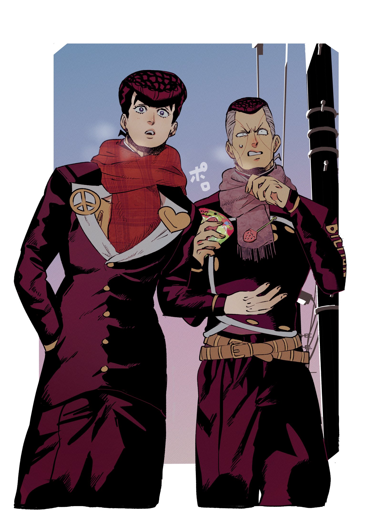 tirauraja, higashikata josuke, nijimura okuyasu, diamond wa kudakenai, jojo no kimyou na bouken, commentary request, highres, 2boys, arm up, belt, black hair, black jacket, black pants, blue eyes, breath, brooch, buttons, clenched teeth, cropped legs, eyelashes, food, gakuran, grey hair, heart, holding, holding food, jacket, jewelry, long sleeves, looking ahead, male focus, multicolored hair, multiple belts, multiple boys, outdoors, pants, peace symbol, pompadour, power lines, purple scarf, red scarf, scarf, school uniform, short hair, sweatdrop, teeth, two-tone hair, utility pole