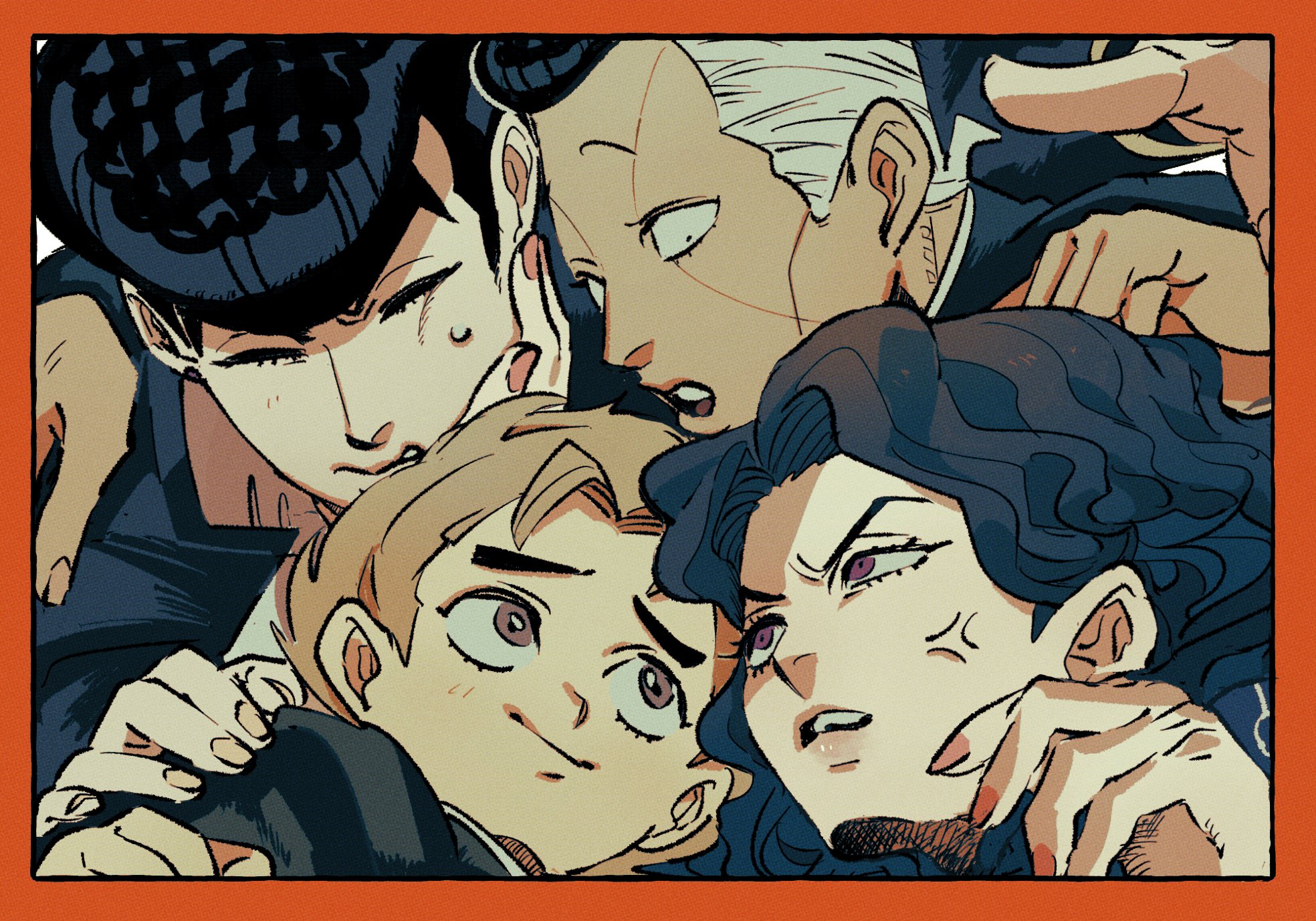 tirauraja, hirose koichi, yamagishi yukako, diamond wa kudakenai, jojo no kimyou na bouken, commentary request, highres, 1girl, 3boys, anger vein, angry, arm around shoulder, arm up, black hair, black jacket, blonde hair, border, brown eyes, closed eyes, closed mouth, facial mark, fingernails, grey hair, jacket, looking at another, looking down, multicolored hair, multiple boys, nail polish, open mouth, pompadour, purple eyes, red border, red nails, smile, teeth, two-tone hair, upper teeth only, wavy hair