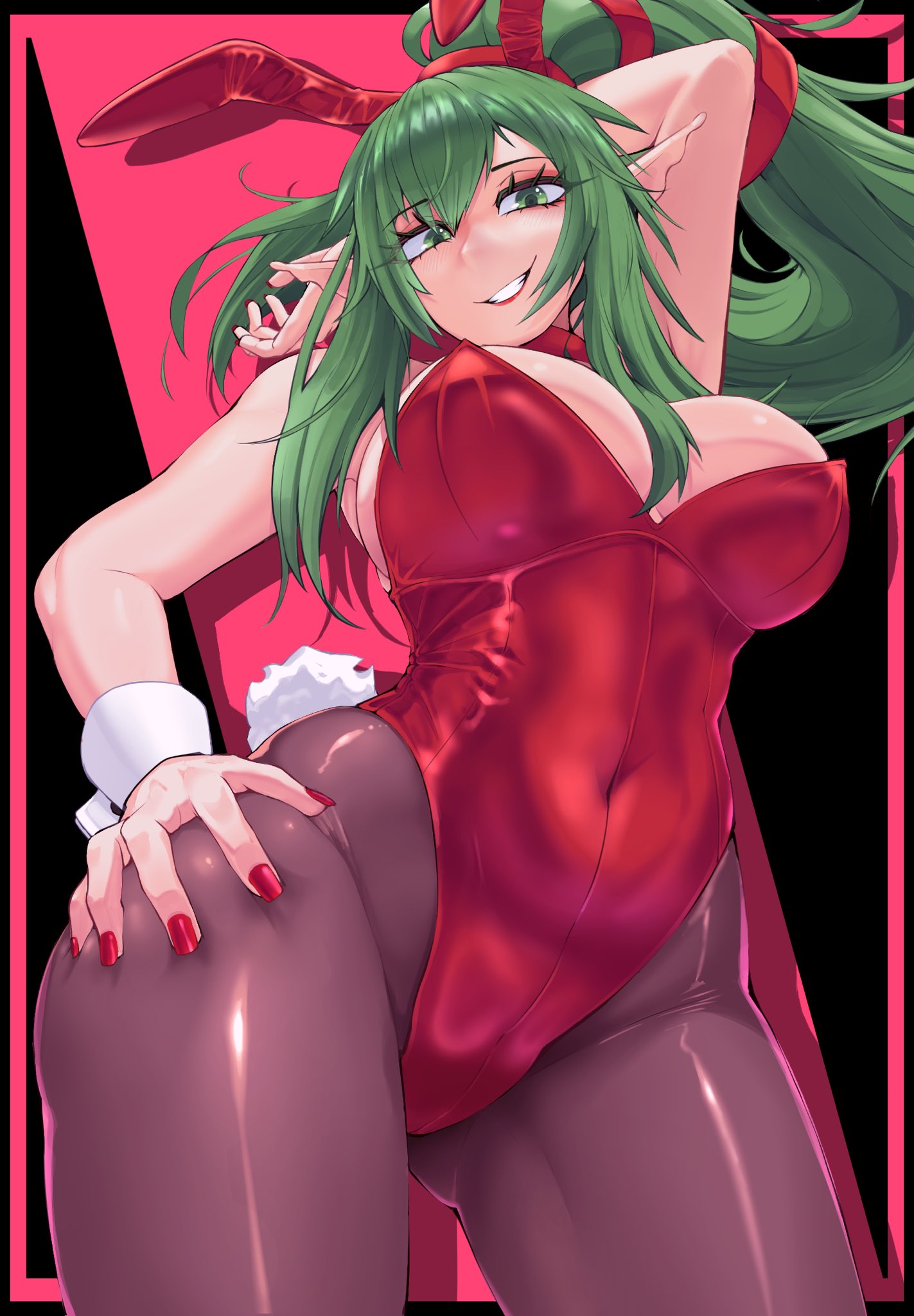 ttikhii, tiki (adult) (fire emblem), tiki (fire emblem), fire emblem, fire emblem awakening, nintendo, highres, 1girl, animal ears, bare shoulders, breasts, covered navel, fake animal ears, from below, green eyes, green hair, hair ornament, large breasts, leotard, long hair, looking at viewer, open mouth, pantyhose, playboy bunny, pointy ears, ponytail, rabbit ears, rabbit tail, red leotard, ribbon, smile, solo, strapless, strapless leotard, tail, teeth, white wrist cuffs, wrist cuffs