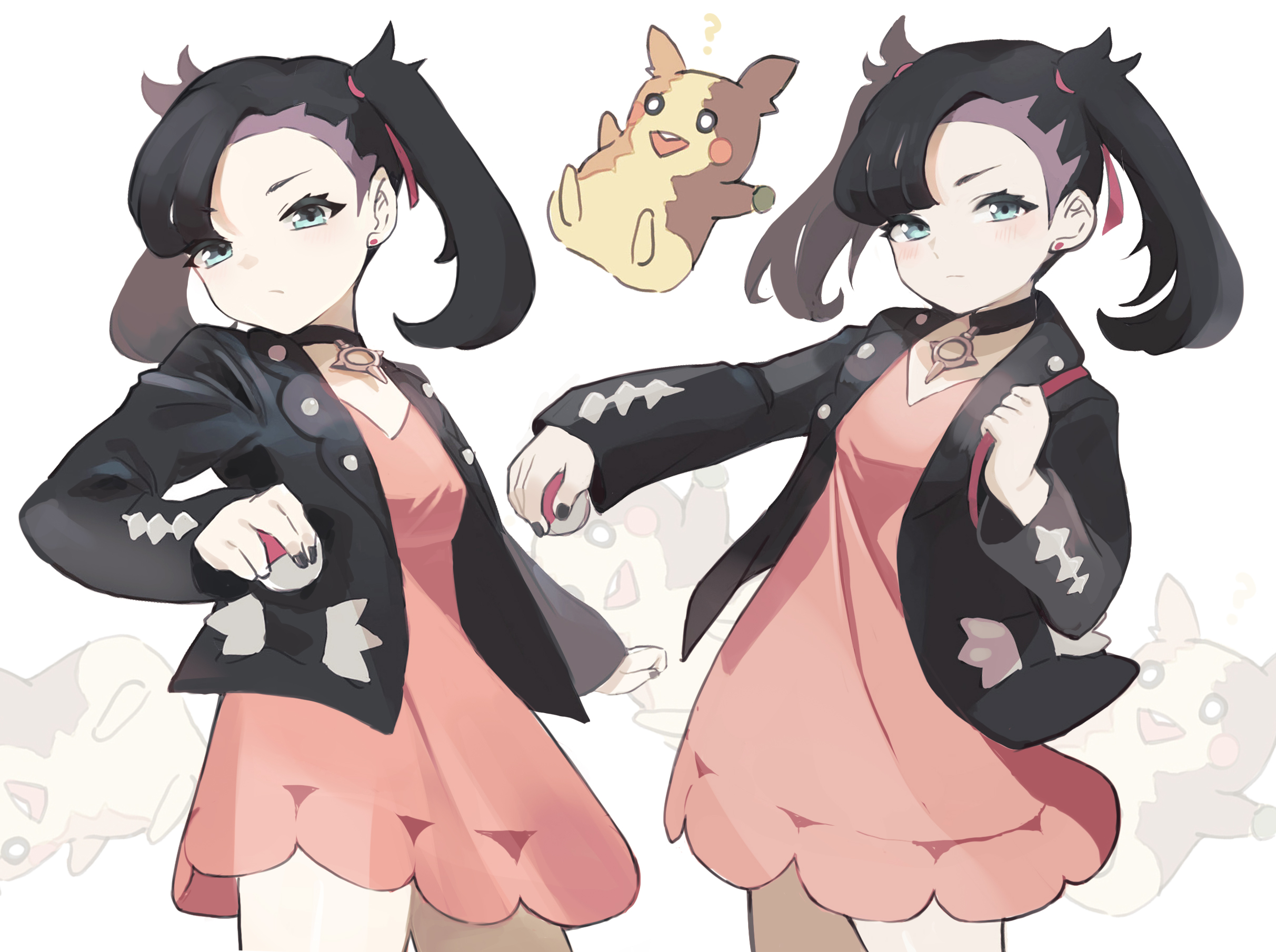 souji touban, marnie (pokemon), morpeko, morpeko (full), nintendo, pokemon, pokemon swsh, highres, 1girl, aqua eyes, asymmetrical bangs, black choker, black hair, black jacket, black nails, choker, dress, earrings, gen 8 pokemon, hair ribbon, holding, holding poke ball, jacket, jewelry, multiple views, outstretched arm, pink dress, poke ball, poke ball (basic), ribbon, stud earrings, twintails, undercut