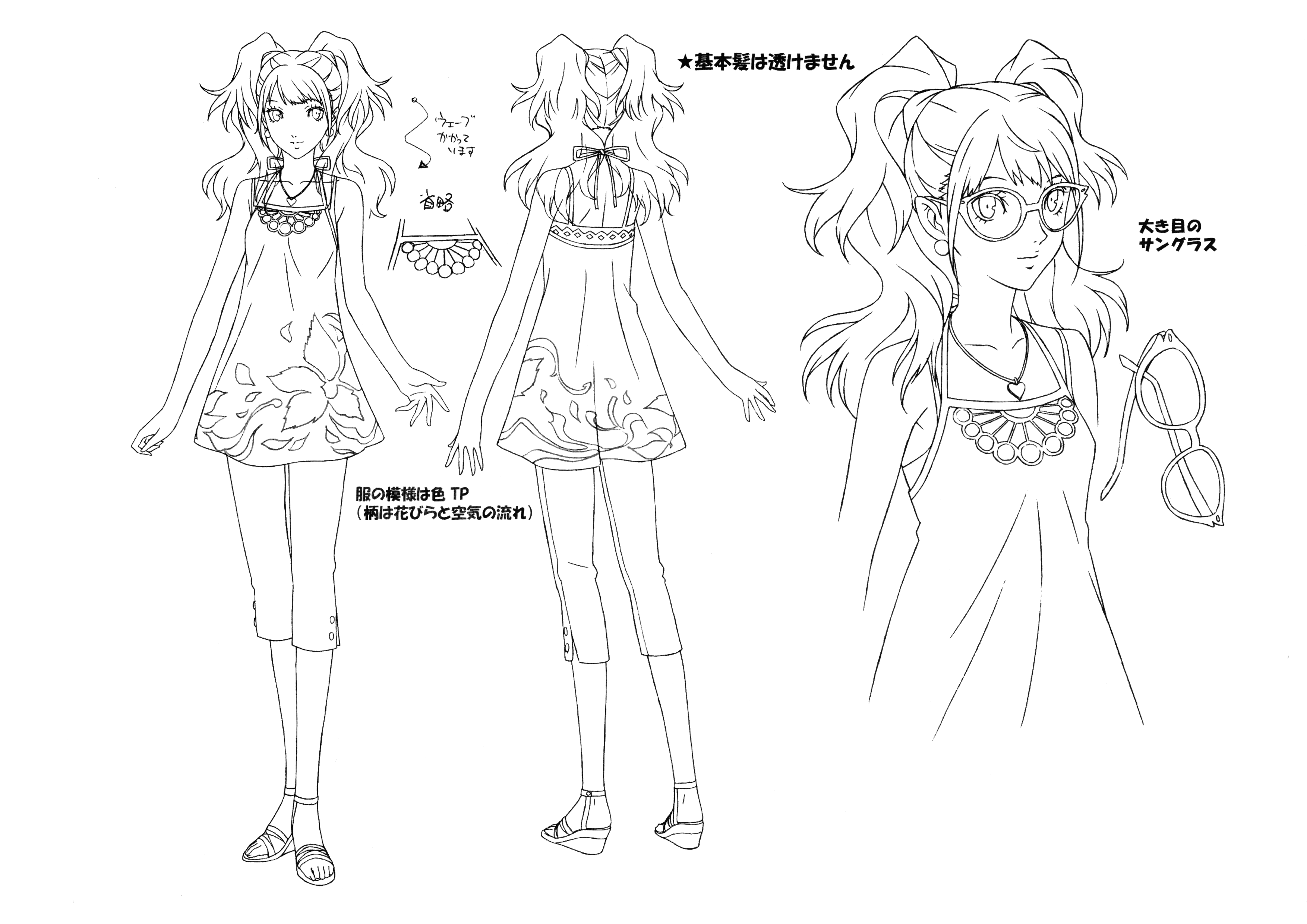 kujikawa rise, persona, persona 4, persona 4 the animation, absurdres, highres, official art, scan, translation request, 00s, 1girl, breasts, earrings, female focus, full body, glasses, jewelry, long hair, looking at viewer, monochrome, multiple views, pants, reference sheet, simple background, smile, solo, twintails, white background, wide hips