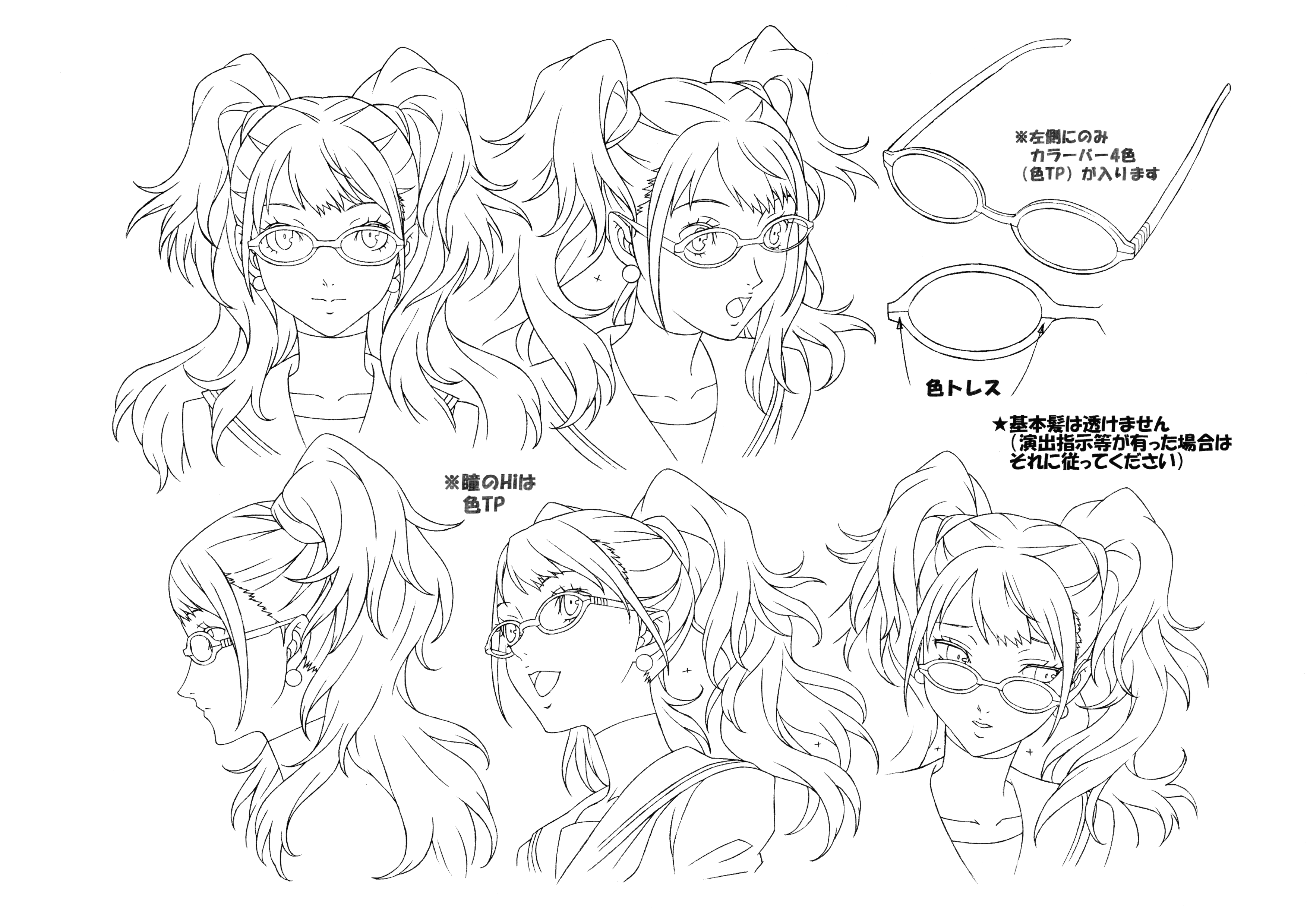 kujikawa rise, persona, persona 4, persona 4 the animation, absurdres, highres, official art, scan, translation request, 00s, 1girl, breasts, earrings, female focus, glasses, jewelry, long hair, looking at viewer, monochrome, multiple views, reference sheet, school uniform, simple background, smile, solo, thighhighs, twintails, upper body, white background