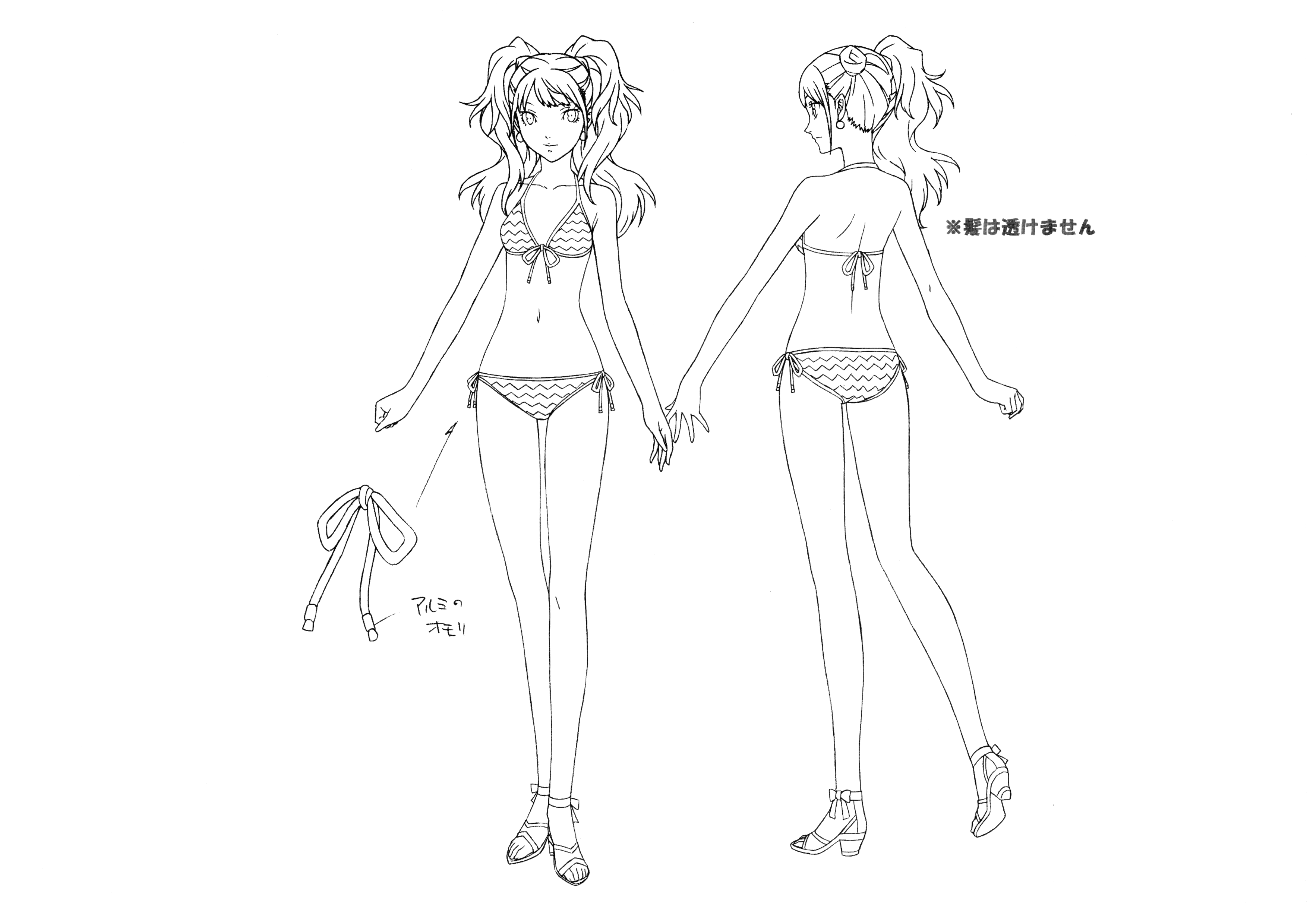 kujikawa rise, persona, persona 4, persona 4 the animation, absurdres, highres, official art, scan, 1girl, ass, bikini, breasts, curvy, earrings, female focus, full body, jewelry, monochrome, multiple views, reference sheet, side-tie bikini bottom, simple background, smile, solo, swimsuit, thighhighs, twintails, white background, wide hips