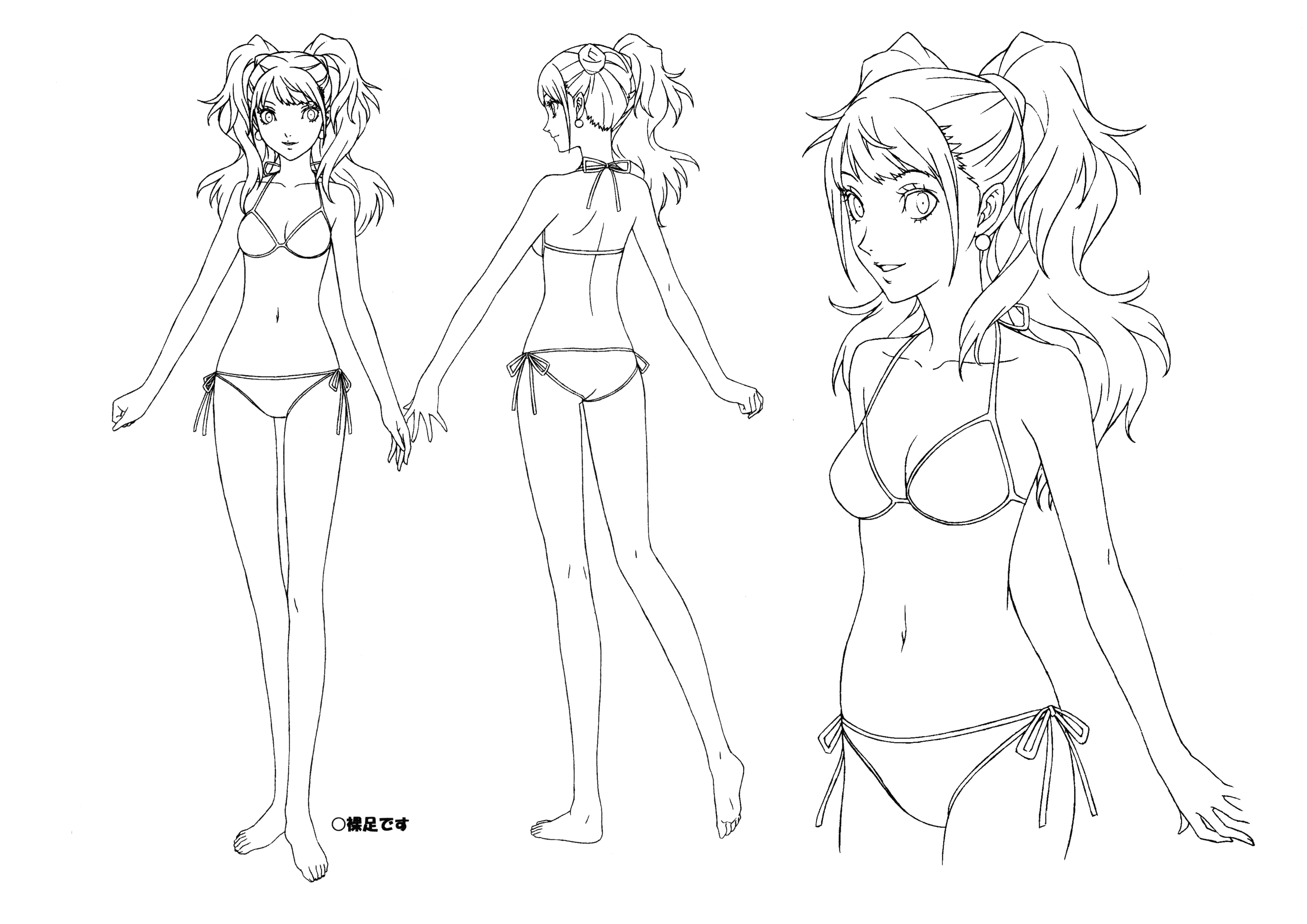 kujikawa rise, persona, persona 4, persona 4 the animation, absurdres, highres, official art, scan, 1girl, ass, barefoot, bikini, breasts, curvy, earrings, female focus, jewelry, monochrome, multiple views, reference sheet, side-tie bikini bottom, simple background, smile, solo, swimsuit, thighhighs, twintails, white background, wide hips