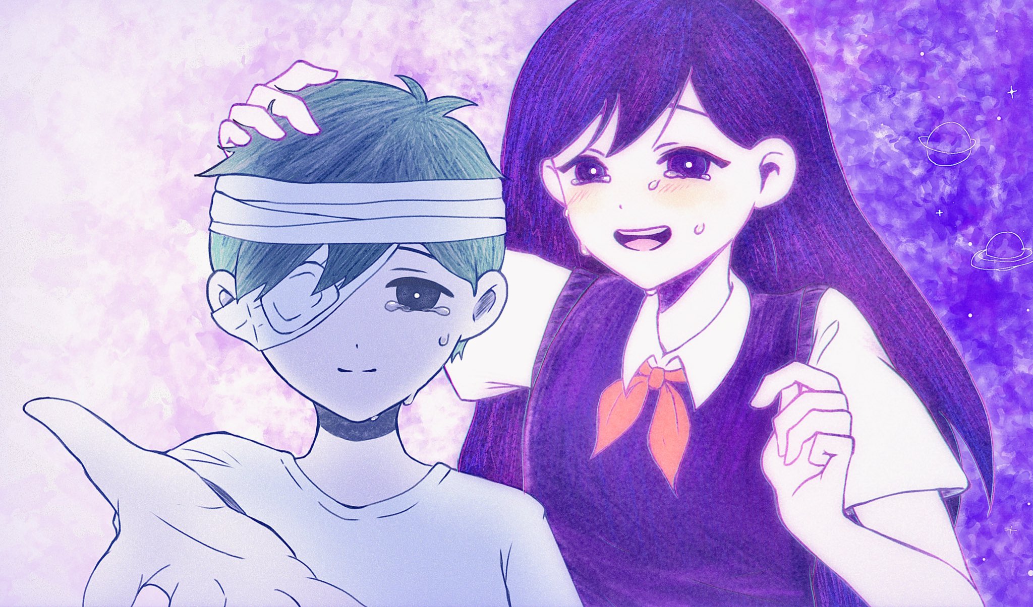namake moxon, mari (headspace) (omori), mari (omori), sunny (omori), omori, commentary request, highres, spoilers, 1boy, 1girl, :d, antenna hair, bandage over one eye, bandaged head, bandages, bloom, blush, bright pupils, brother and sister, chromatic aberration, closed mouth, collared shirt, colored skin, crying, crying with eyes open, double-parted bangs, film grain, grey background, grey hair, hair behind ear, hair between eyes, hand on another's head, hands up, hatching (texture), long hair, neckerchief, official alternate costume, omocat (style), open mouth, orange neckerchief, portrait, purple background, purple sweater vest, reaching, reaching towards viewer, shirt, short hair, short sleeves, siblings, simple background, smile, sparkle background, sweater vest, tears, teeth, upper body, upper teeth only, very long hair, very short hair, white pupils, white shirt, white skin