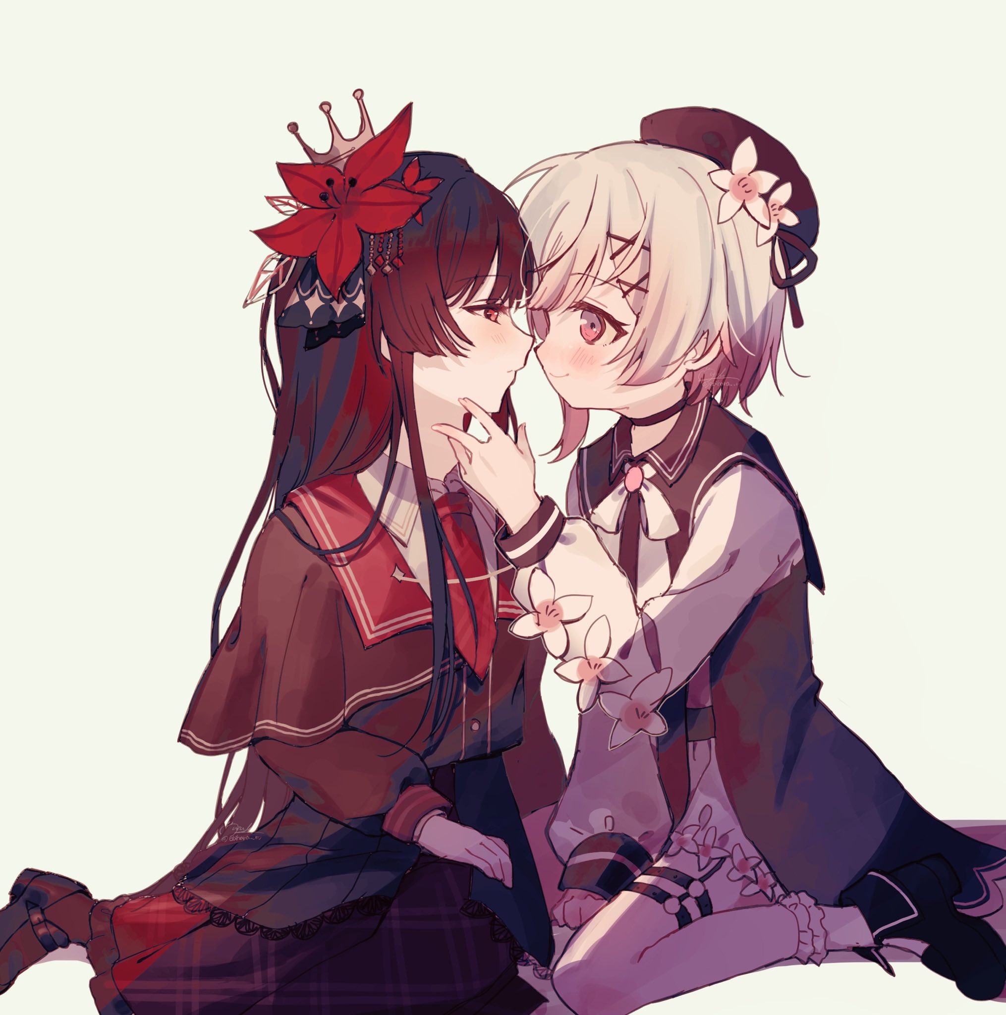 mutsuki (fujisakike), nikaidou hiro, sakuraba ema, mahou shoujo no majo saiban, commentary request, highres, 2girls, black dress, blush, closed mouth, dress, flower, hair flower, hair ornament, hand on another's face, long sleeves, multiple girls, pink eyes, red flower, shirt, simple background, smile, thigh strap, white flower, white hair, white shirt, yellow background, yuri