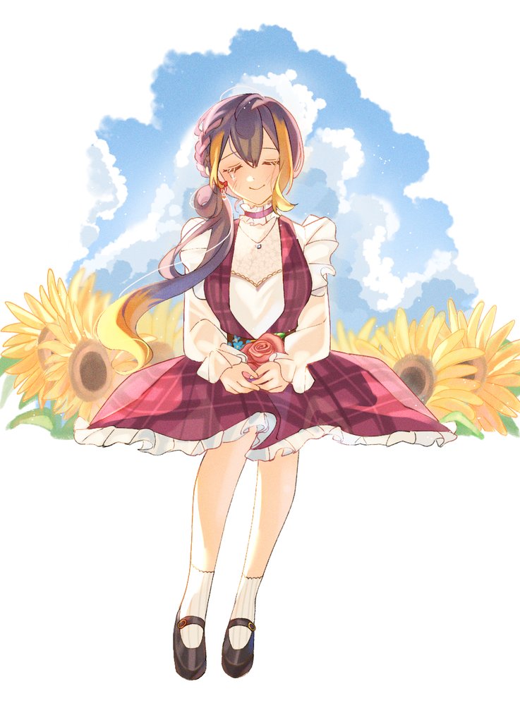 hinachi (chiichan0990), petra gurin, nijisanji, nijisanji en, commentary, english commentary, 1girl, black hair, black shoes, blonde hair, closed eyes, dress, flower, frilled dress, frills, holding, holding flower, invisible chair, jewelry, mary janes, multicolored hair, necklace, petra gurin (spring casual), pink dress, plaid clothes, plaid dress, rose, shoes, sitting, socks, solo, streaked hair, sunflower, tears, tears from one eye, two-tone hair, virtual youtuber, white background, white socks