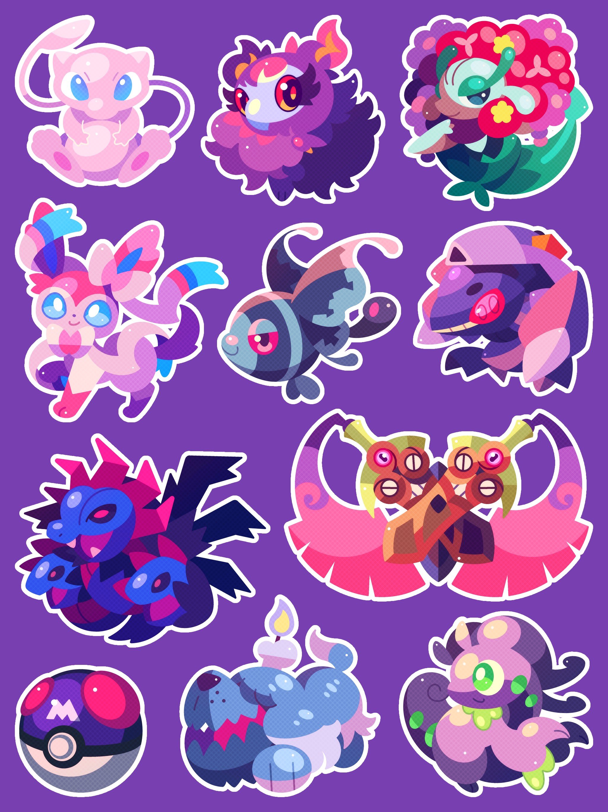 shichi (7cube ori), aromatisse, doublade, florges, florges (red flower), genesect, goodra, houndstone, hydreigon, lumineon, mew (pokemon), sylveon, nintendo, pokemon, absurdres, highres, animal focus, blue eyes, blue sclera, bow, closed eyes, closed mouth, colored sclera, dog, dragon, fangs, fish, flower, full body, gen 1 pokemon, gen 4 pokemon, gen 5 pokemon, gen 6 pokemon, green eyes, legendary pokemon, master ball, multiple heads, mythical pokemon, no humans, open mouth, pink eyes, pink fur, poke ball, pokemon (creature), pokemon focus, red eyes, ribbon, slime (substance), smile, sword, tail, teeth, tombstone, two-tone fur, weapon, white fur