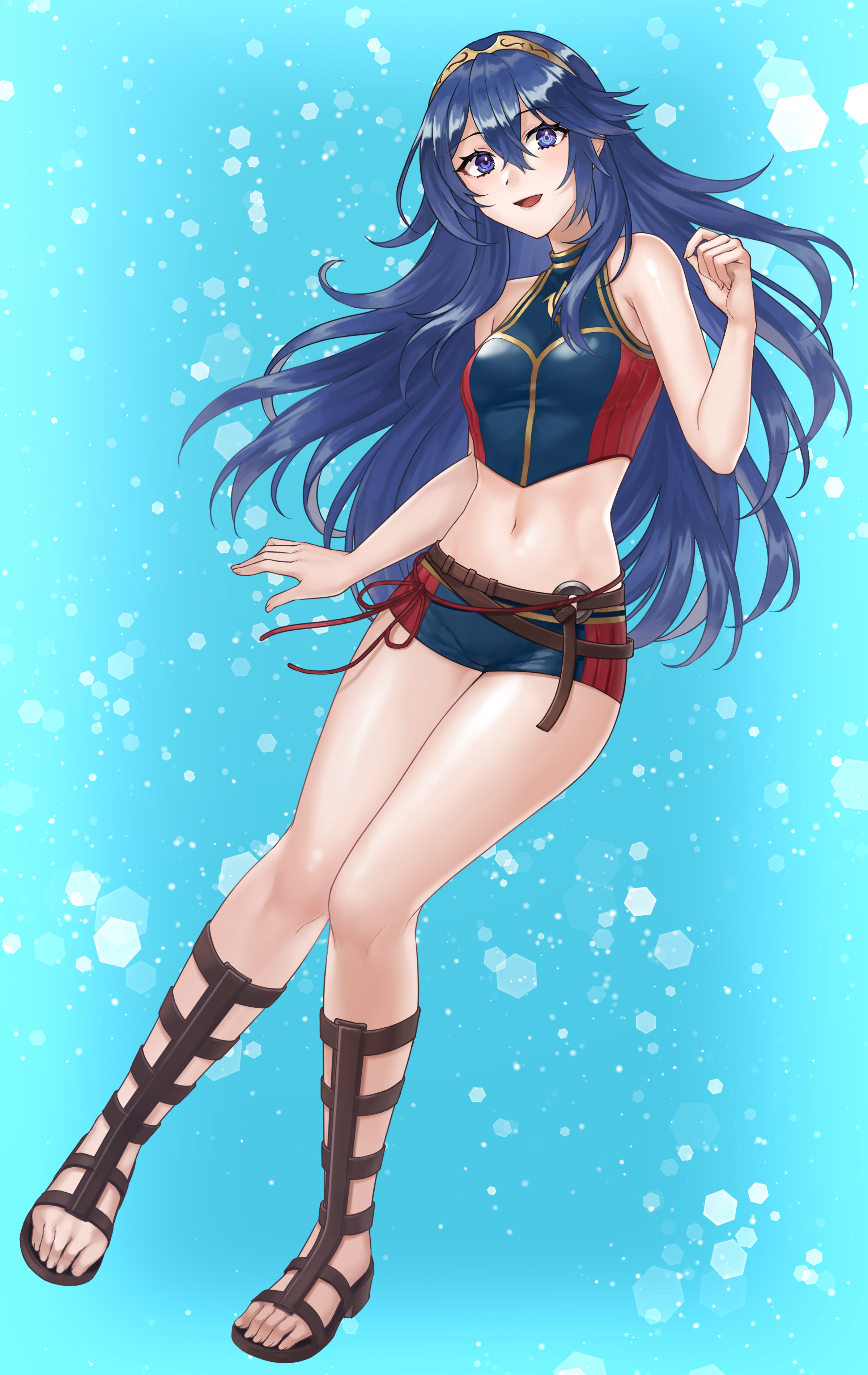 hazuki (nyorosuke), lucina (cipher swimsuit) (fire emblem), lucina (fire emblem), fire emblem, fire emblem awakening, fire emblem cipher, nintendo, absurdres, highres, 1girl, :d, armpit crease, belt, blue background, blue eyes, blue hair, boots, breasts, brown belt, brown boots, brown sandals, crop top, full body, hairband, hand up, long hair, looking at viewer, navel, open mouth, sandals, short shorts, shorts, small breasts, smile, solo, stomach, swimsuit, symbol in eye, thighs, very long hair