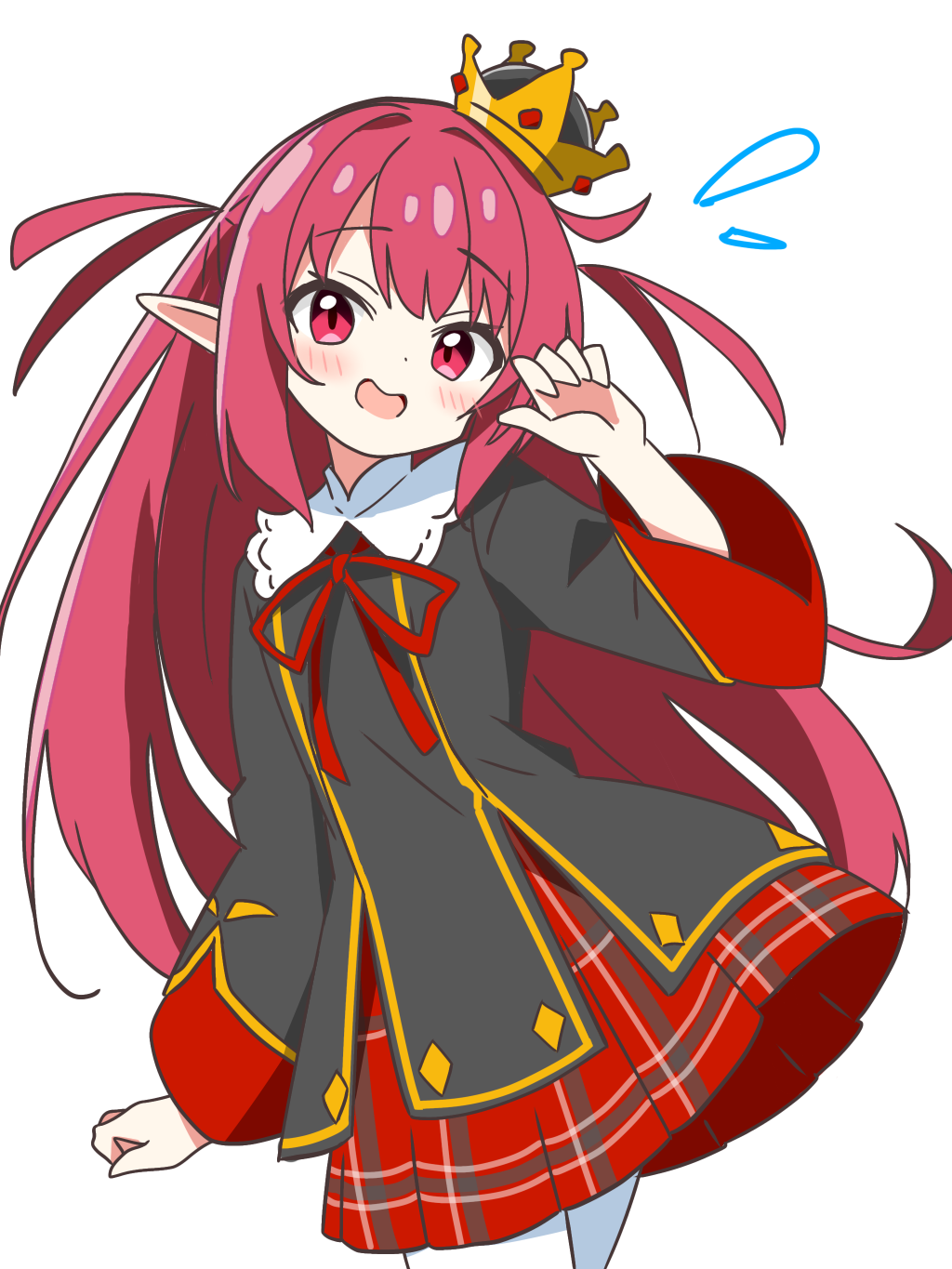 kotatsu-mazoku, original, commentary request, highres, 1girl, black jacket, blush, cowboy shot, crown, dot nose, hand up, jacket, long hair, looking at viewer, neck ribbon, open mouth, pantyhose, plaid clothes, plaid skirt, pleated skirt, pointy ears, red eyes, red hair, red ribbon, red skirt, ribbon, simple background, skirt, solo, two side up, white background, white pantyhose