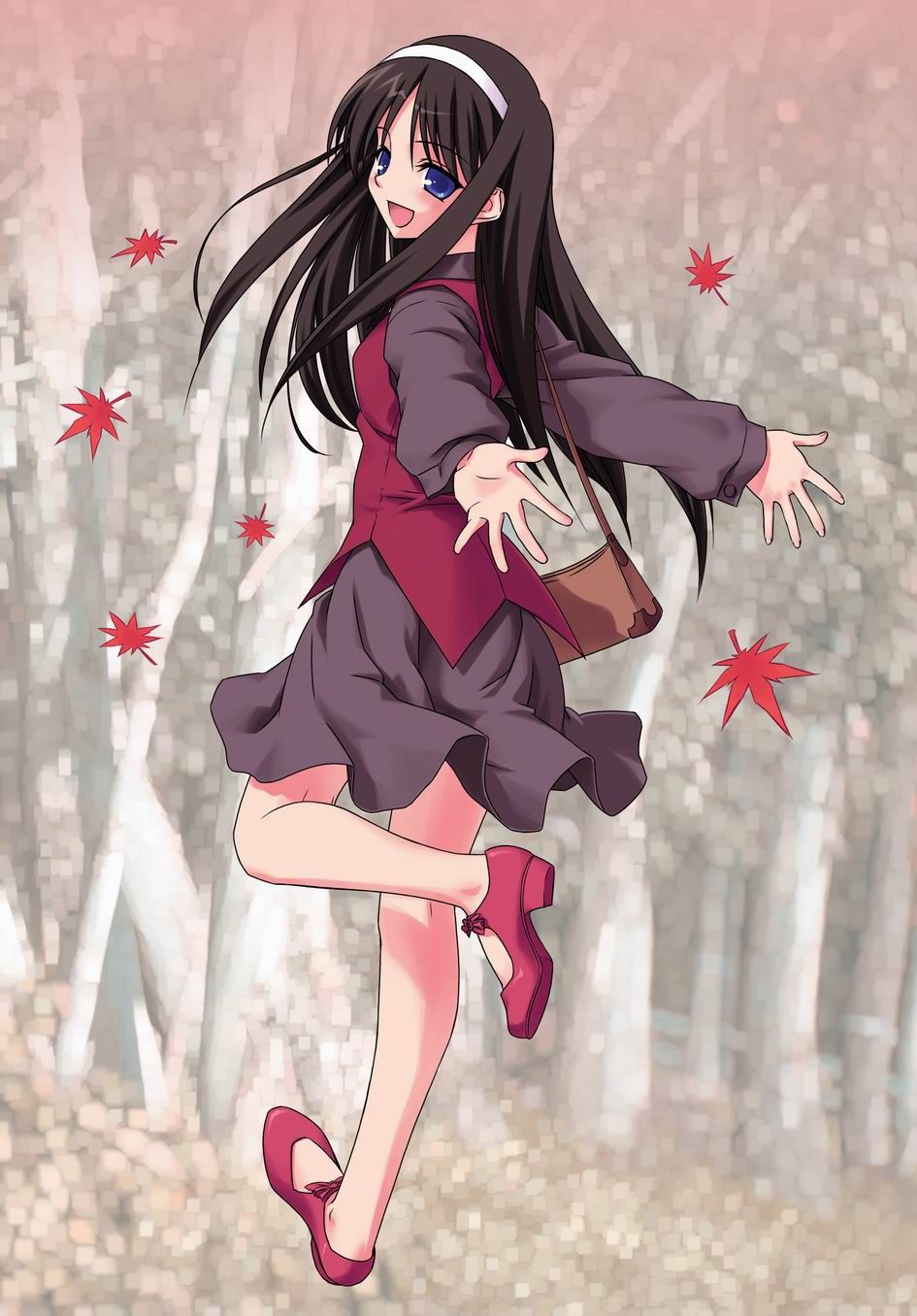 tohno akiha, tsukihime, highres, 00s, bag, black hair, blue eyes, hairband, handbag, leaf, long hair, solo