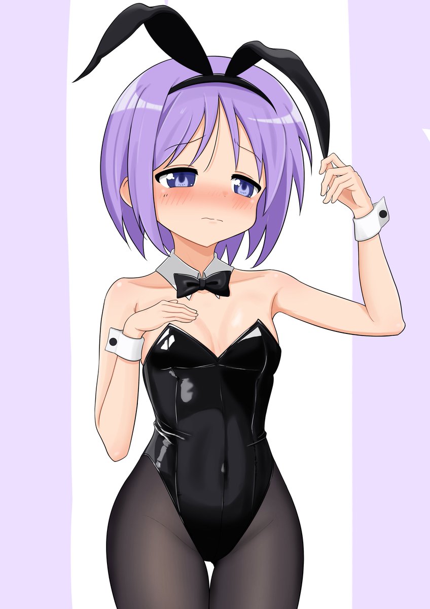 hiiragi tsukasa, lucky star, highres, 1girl, animal ears, black bow, black bowtie, black leotard, blue eyes, blush, bow, bowtie, breasts, buttons, covered navel, detached collar, hand on own chest, leotard, meisoochuu, playboy bunny, purple hair, rabbit ears, short hair, shy, tareme, thighs, two-tone background, white wrist cuffs, wrist cuffs