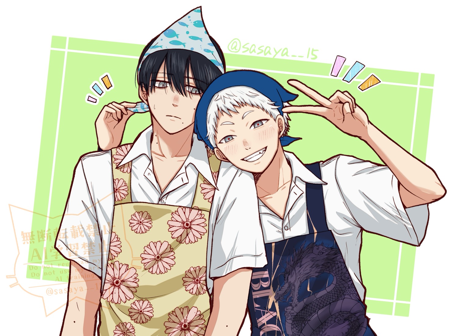 sasaya, indou hikaru, tsujinaka yoshiki, hikaru ga shinda natsu, commentary request, 2boys, apron, black hair, buttons, closed mouth, collared shirt, floral print apron, grin, light blush, looking at another, looking at viewer, male focus, mole, mole on cheek, mole on neck, mole under mouth, multiple boys, multiple moles, official alternate costume, red pupils, shirt, short hair, short sleeves, smile, teeth, twitter username, upper body, v, white hair, white shirt