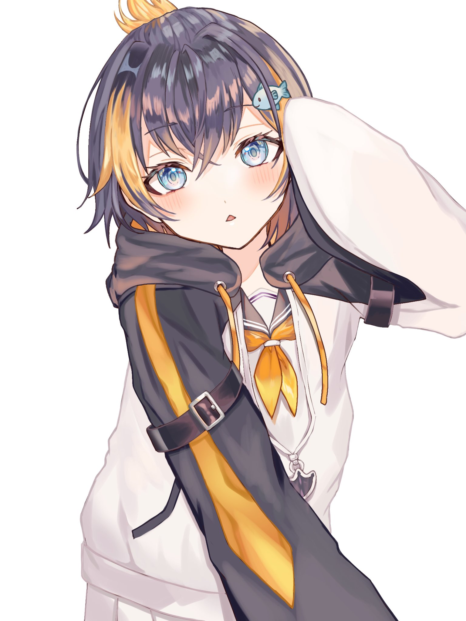 petra gurin, petra gurin (1st costume), nijisanji, nijisanji en, highres, 1girl, 2cmvi, arm belt, black hair, black hoodie, blonde hair, blue eyes, fish hair ornament, folded ponytail, hair ornament, hood, hoodie, long sleeves, looking at viewer, multicolored hair, neckerchief, school uniform, serafuku, short hair, simple background, sleeves past fingers, sleeves past wrists, solo, streaked hair, two-tone hair, virtual youtuber, white background, white hoodie, white serafuku, yellow neckerchief