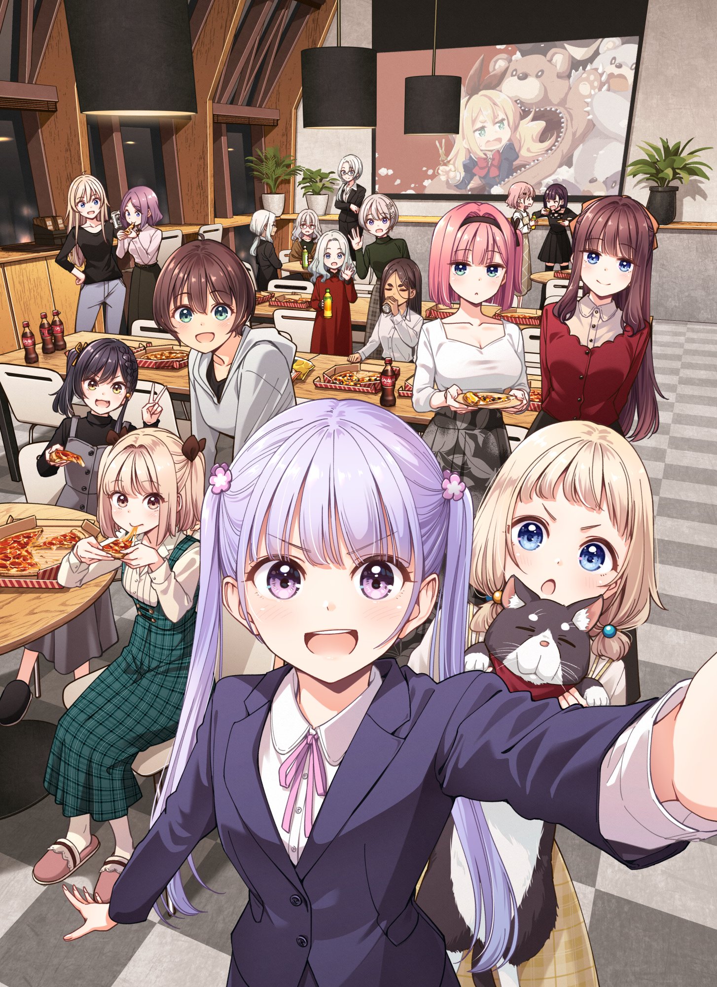 tokunou shoutarou, ahagon umiko, hazuki shizuku, hoshikawa hotaru, iijima yun, mochizuki momiji, narumi tsubame, sakura nene, shinoda hajime, suzukaze aoba, takimoto hifumi, tooyama rin, yagami kou, new game!, highres, cat, food, pizza