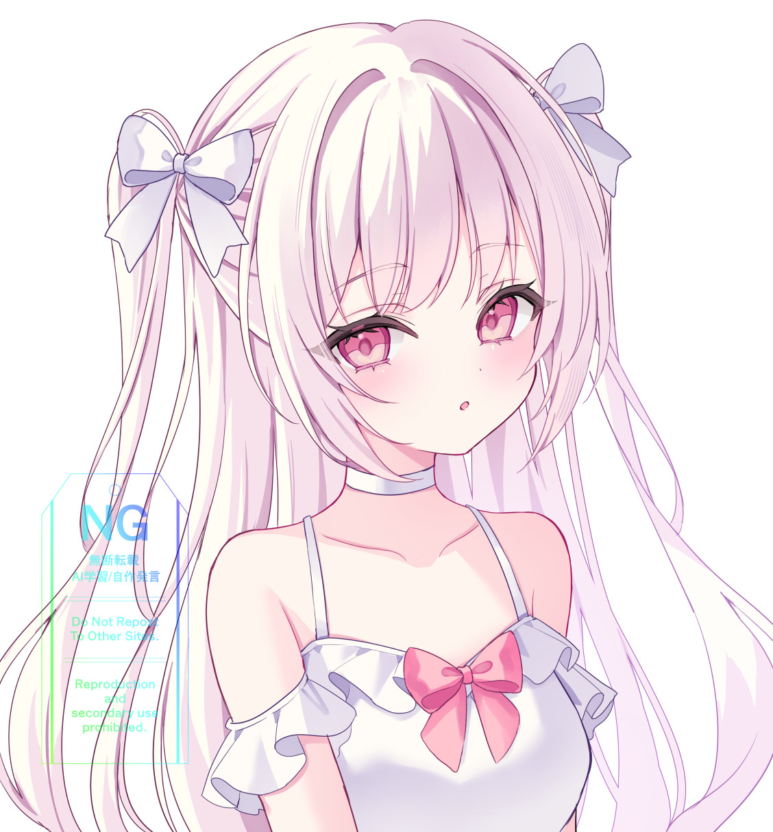 suineco, original, commission, highres, skeb commission, 1girl, bare shoulders, blush, bow, breasts, choker, collarbone, dress, hair bow, long hair, looking at viewer, parted lips, pink bow, pink eyes, pink hair, simple background, solo, upper body, white background, white bow, white choker, white dress